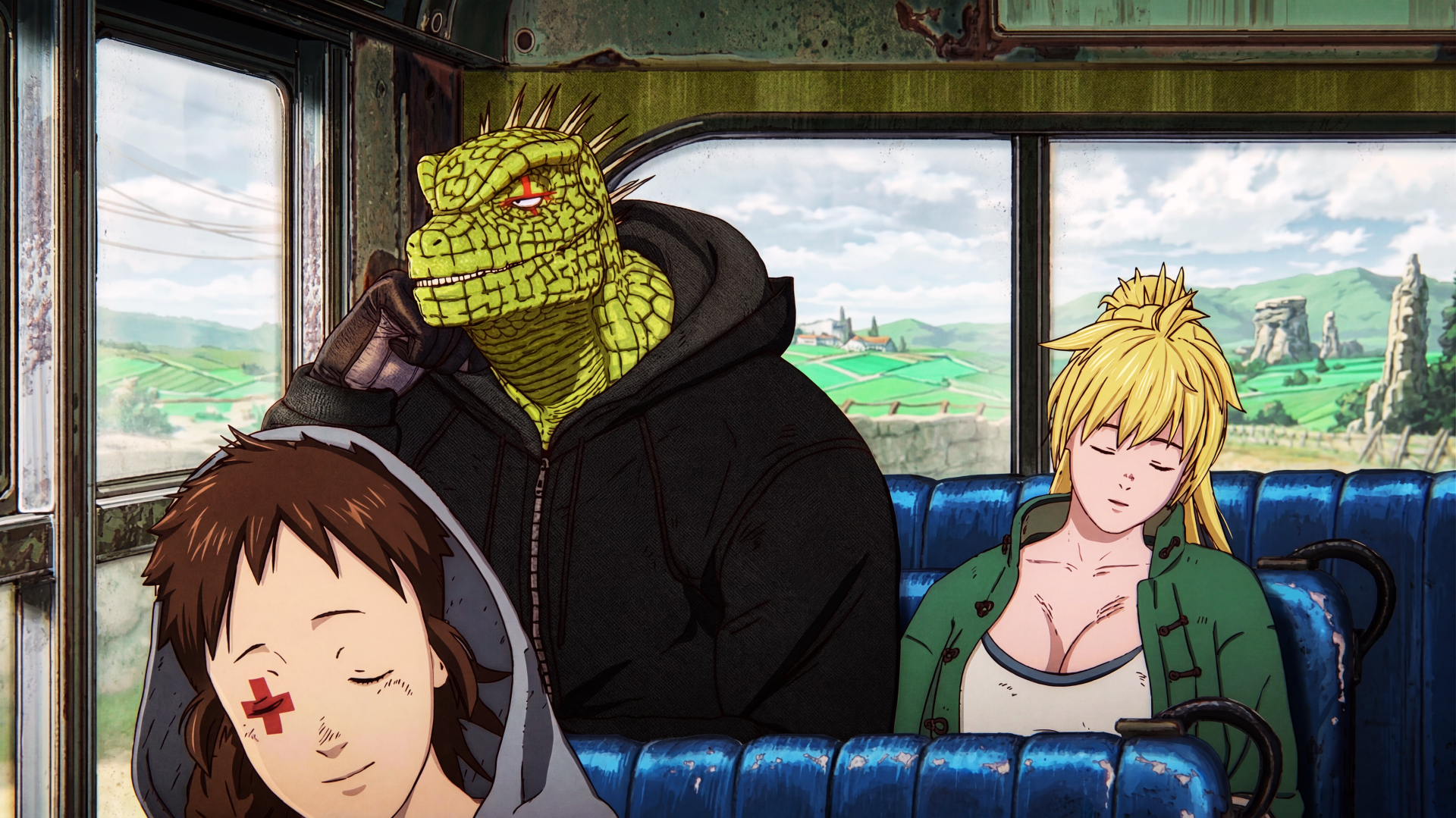Dorohedoro Season 2 — Caiman and Nikaido sit quietly on a train in an anime scene; 5K Ultra HD PC desktop wallpaper and background.