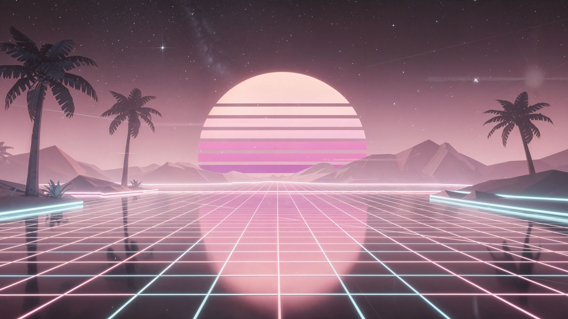 Light pink vaporwave landscape: neon grid reflecting a striped sun, silhouetted palms and distant mountains — 4K Ultra HD PC desktop wallpaper and background.