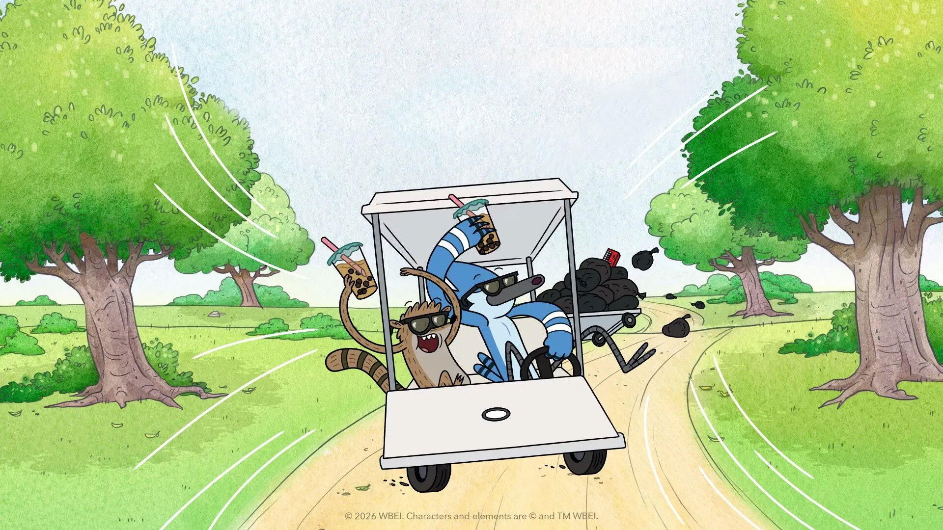 Regular Show: The Lost Stapes HD PC wallpaper — Mordecai and Rigby careen in a golf cart down a tree-lined dirt road, leaves and objects flying behind them.