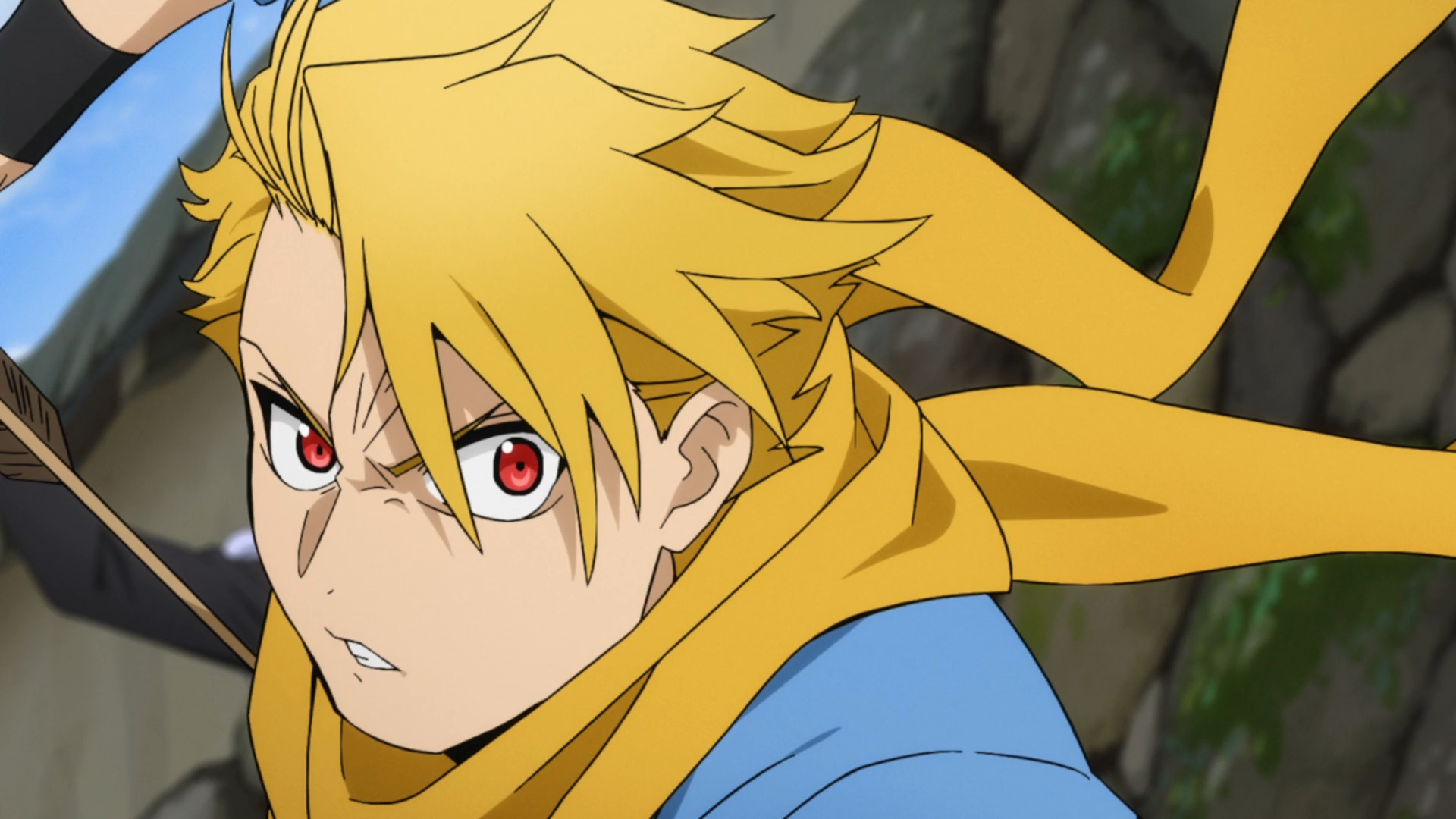 HD desktop wallpaper of Yuru from Daemons of the Shadow Realm — intense close-up anime portrait with tousled blond hair, red eyes and a flowing yellow scarf against a rocky background.