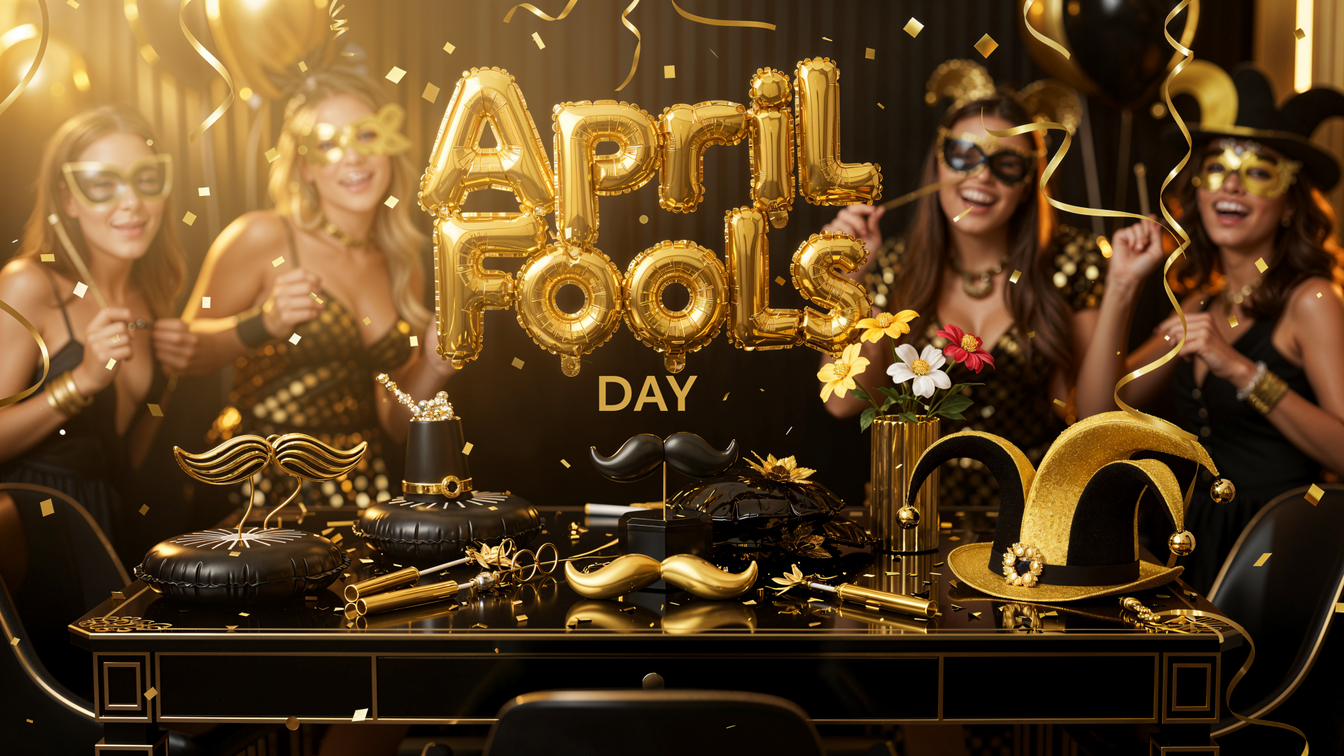 April Fools Day 4K Ultra HD PC desktop wallpaper and background — gold April Fools balloons, masked partygoers, confetti and playful props on a black-and-gold party table.