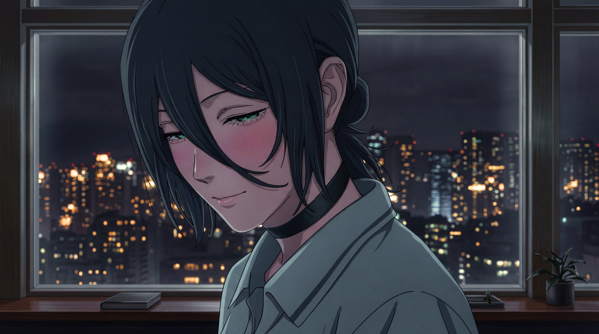 5K Ultra HD desktop wallpaper of Reze from Chainsaw Man: a cute, blushing anime girl with dark hair and a choker, city lights glowing through the window behind her.