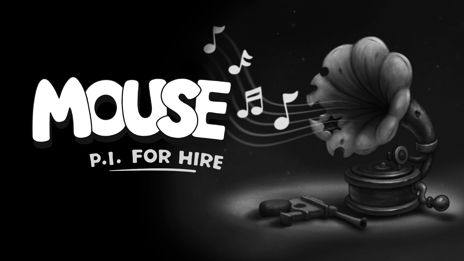 HD PC desktop wallpaper for the video game Mouse: P.I. For Hire, showing a vintage gramophone emitting musical notes next to the game's logo in monochrome.