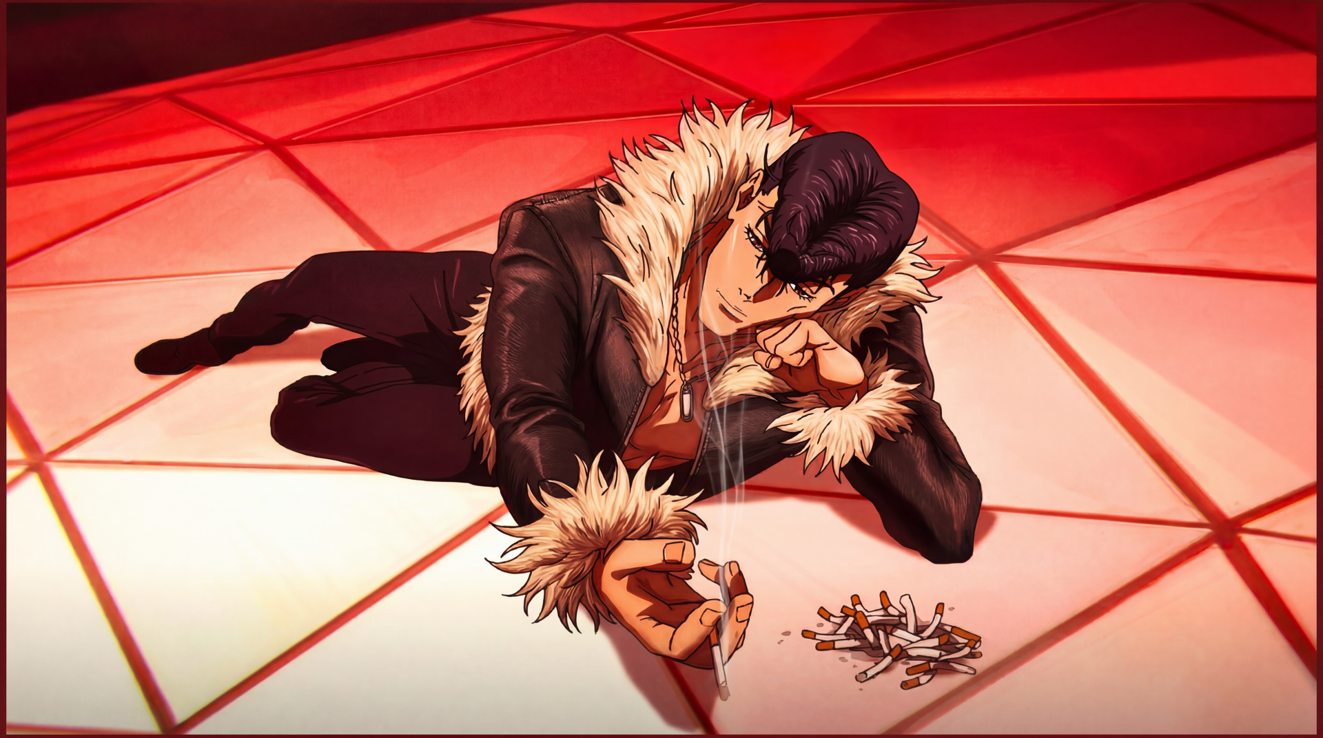 Ryu Ishigori (Jujutsu Kaisen 3rd Season) lounging on a glowing red geometric floor with cigarette butts, exuding an aura-farming anime vibe — 5K Ultra HD PC desktop wallpaper/background.