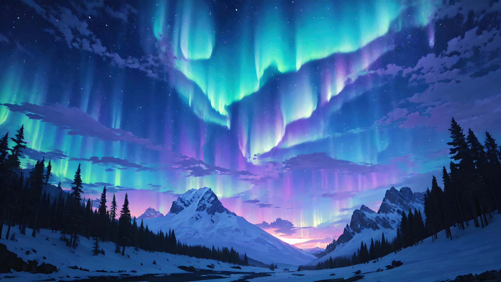 4K Ultra HD PC desktop wallpaper: snow-covered mountain landscape and snowy forest beneath a vivid aurora borealis painting the night sky.