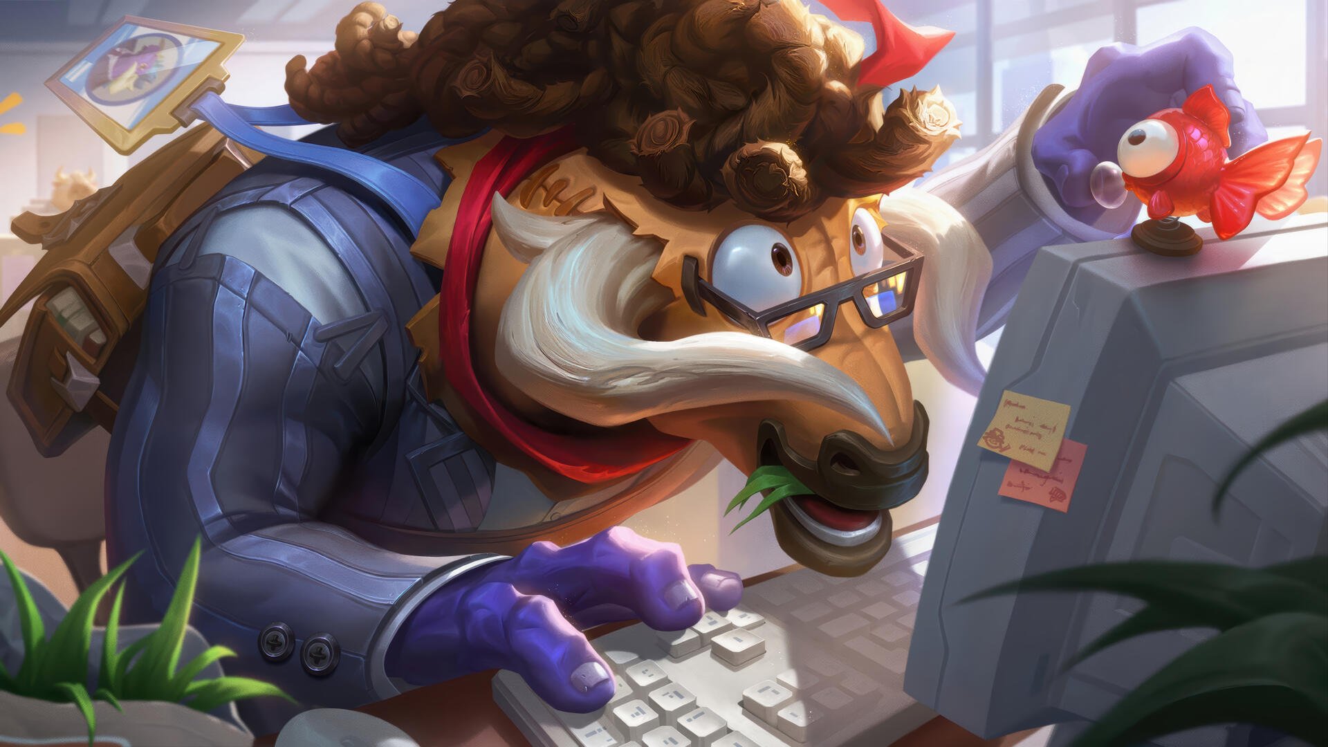 8K Ultra HD wallpaper of Alistar the bull from the mobile game League of Legends: Wild Rift—dressed in a suit, typing at a PC with a small red fish on the monitor.