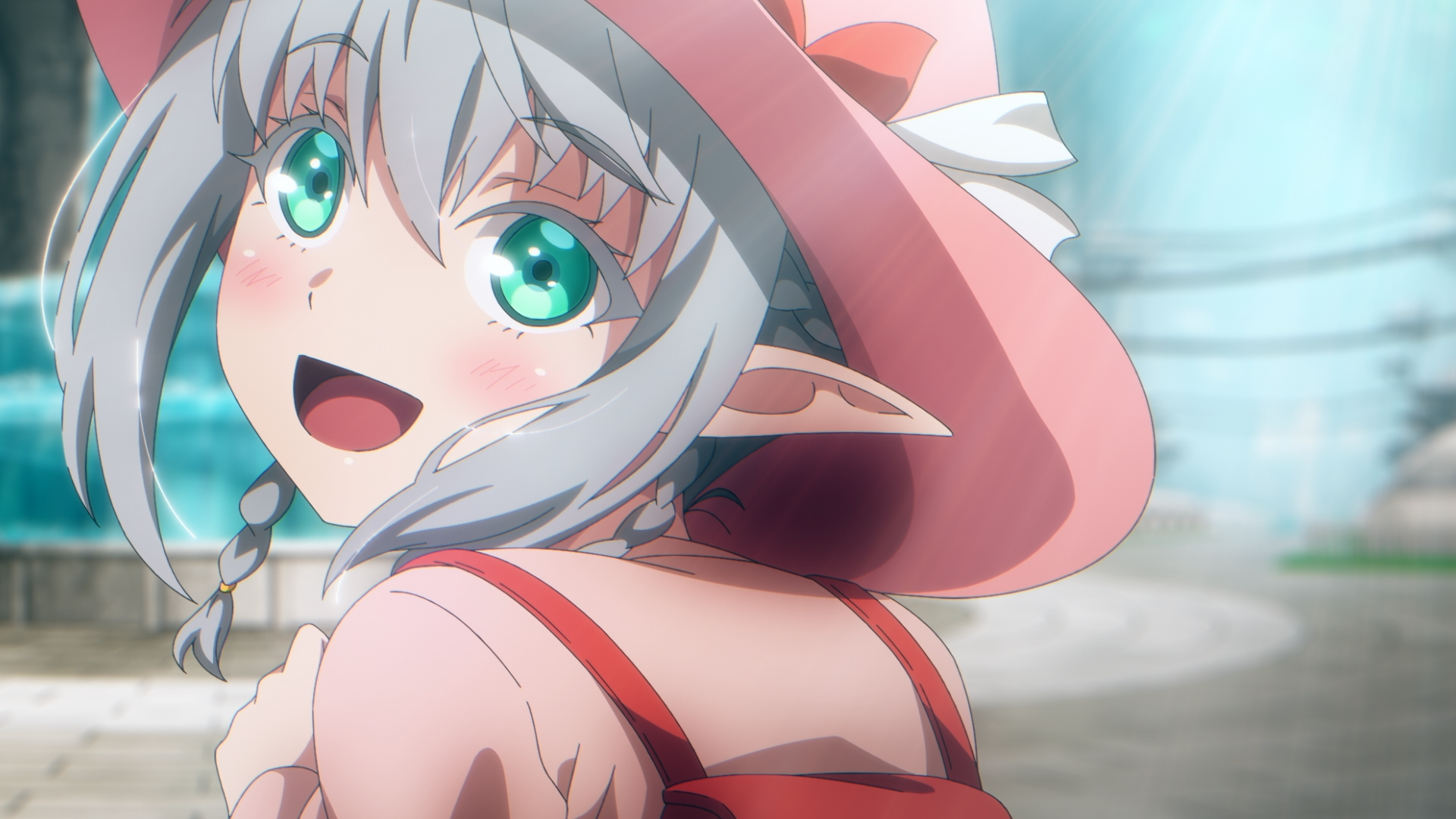 Smiling Tessia Eralith (anime) with silver hair, emerald eyes and elf ears in a pink hat and red dress, looking back — HD PC desktop wallpaper/background from The Beginning After The End.