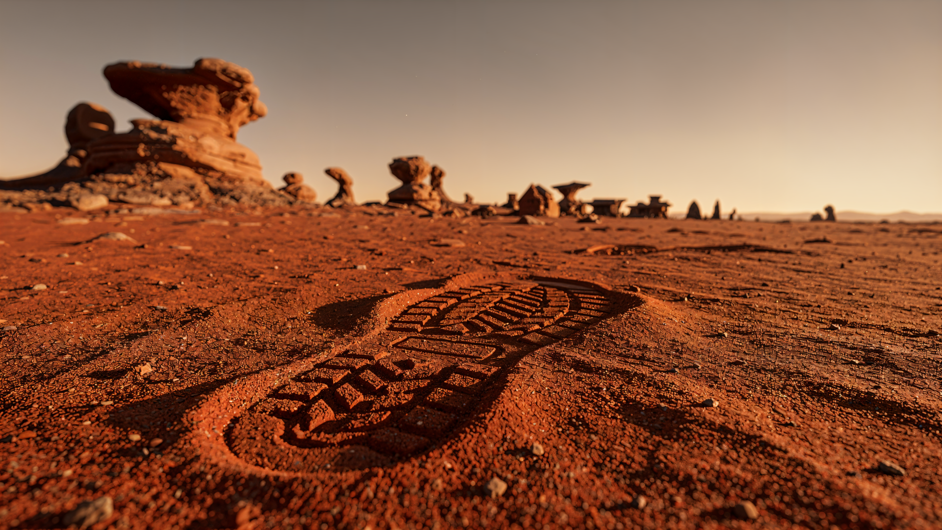 Boot print pressed into red desert sand, foreground detail with distant hoodoo rock formations beneath a warm sky — 4K Ultra HD PC desktop wallpaper and background.