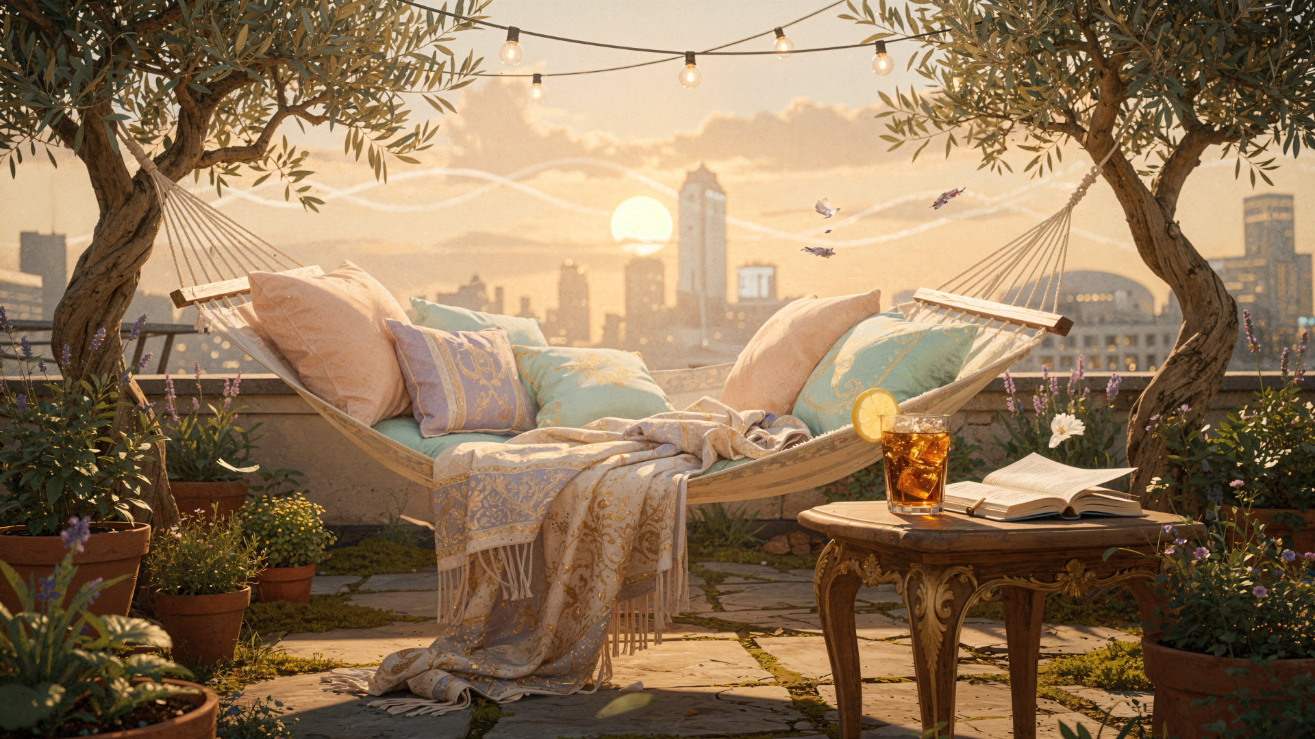 Relaxation 4K Ultra HD PC desktop wallpaper and background: sunlit rooftop hammock with cushions and throws, iced drink on a small table, potted plants and a glowing city skyline at sunset.