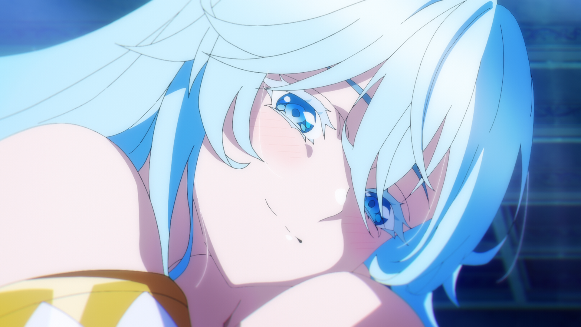 Close-up of Elfaria Albis Serfort from Wistoria: Wand and Sword, smiling with luminous blue eyes and flowing pale-blue hair — HD PC desktop wallpaper background.