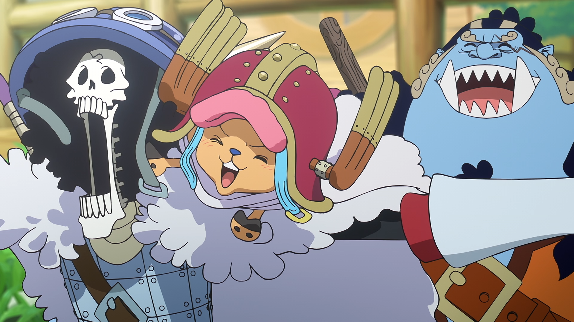 HD PC wallpaper of One Piece anime: Brook, Tony Tony Chopper and Jinbe laughing together, Chopper in his pink hat between Brook's skeletal grin and Jinbe's broad smile.