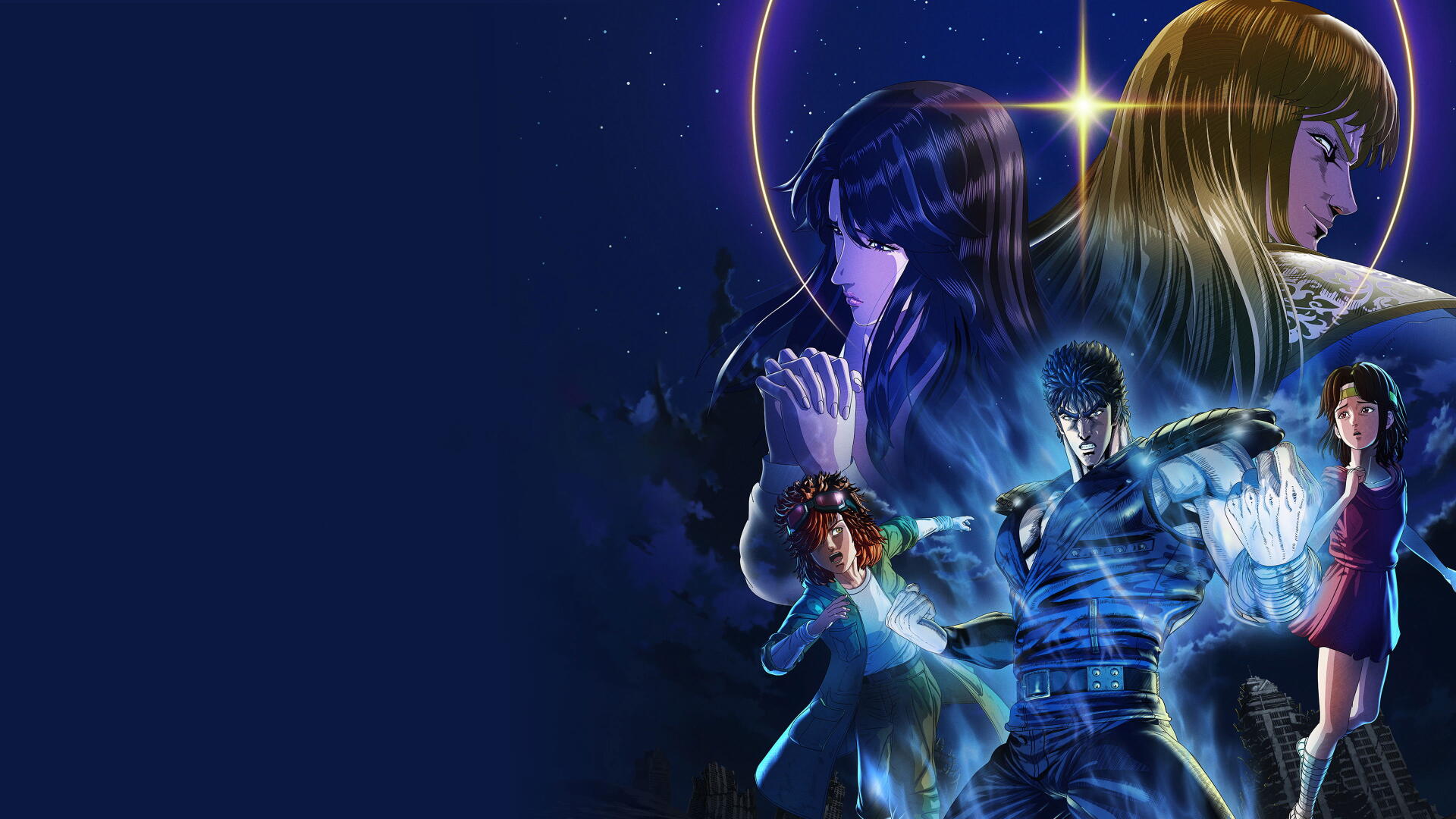 4K Ultra HD PC desktop wallpaper and background: anime-style glowing heroes and women clustered at right, a crescent halo and starry navy sky with deep left-side negative space.