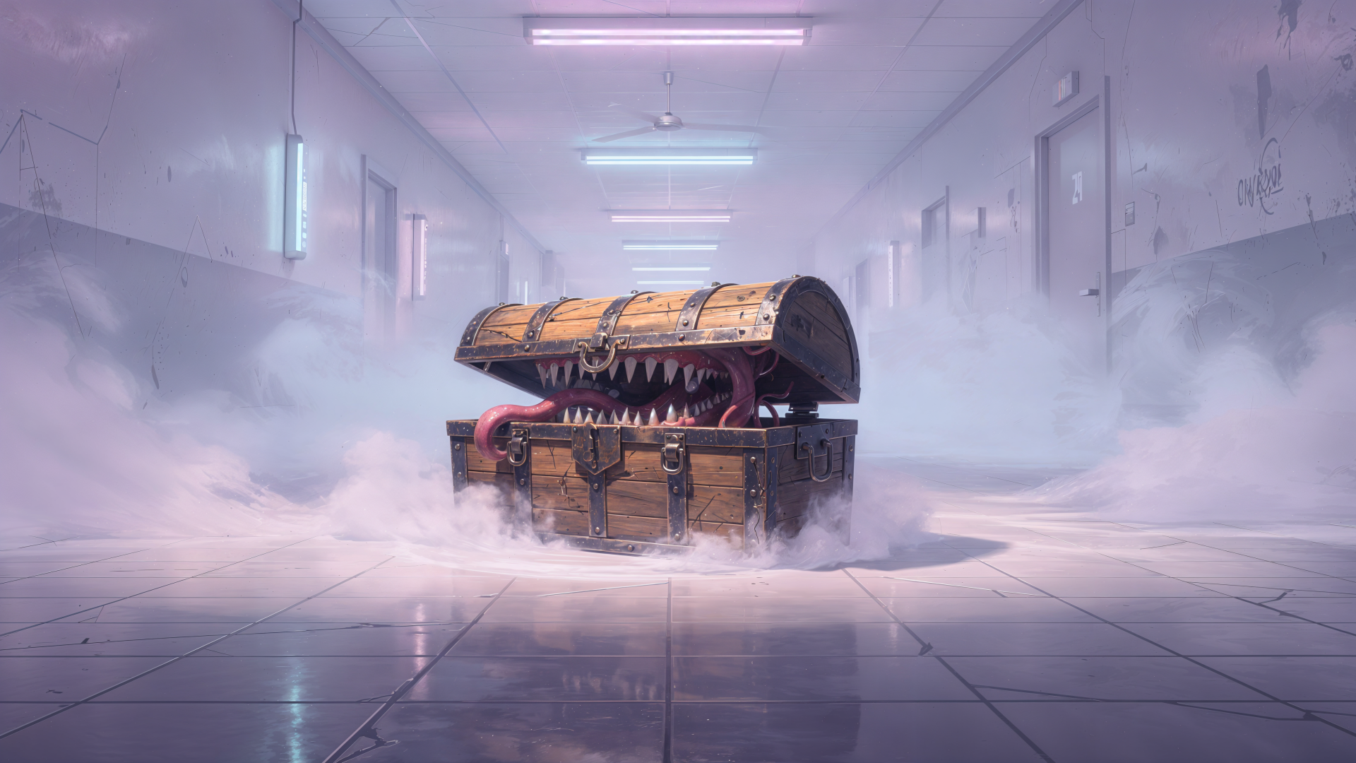 Fantasy mimic treasure chest with gaping fanged maw in a foggy sterile corridor — 4K Ultra HD PC desktop wallpaper/background.
