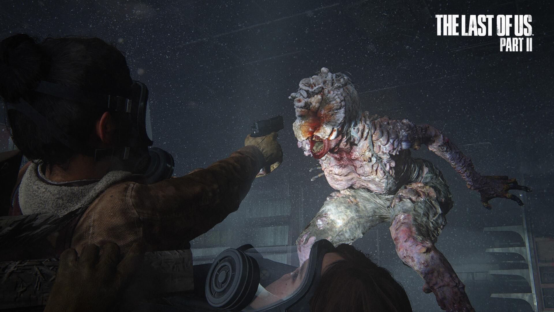 The Last of Us video game 4K Ultra HD PC desktop wallpaper and background: survivor aims a handgun at a grotesque infected creature in a dark, rain-slicked urban ruin.