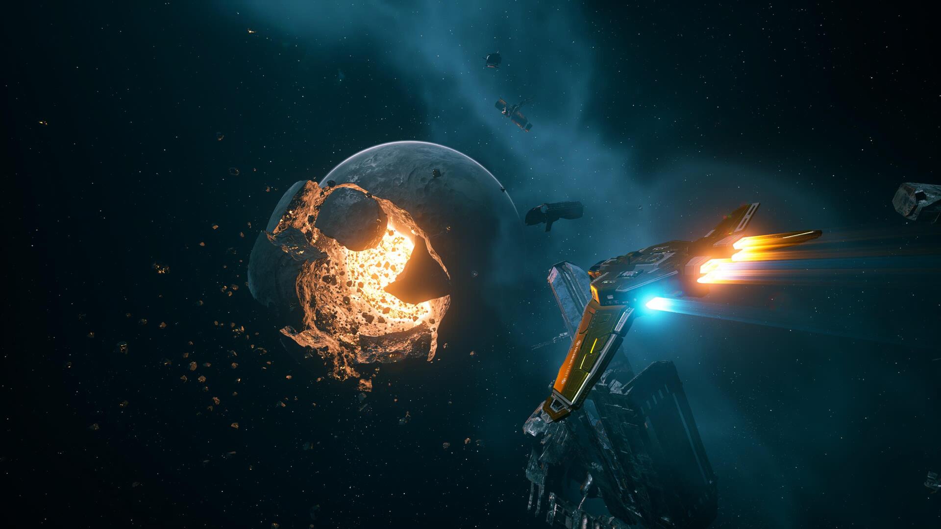 Everspace 2 video game 4K Ultra HD PC desktop wallpaper/background: blazing starfighter near a shattered, molten planet drifting through a dark nebula.