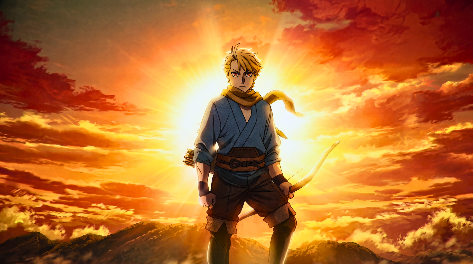 5K Ultra HD PC desktop wallpaper: Yuru from Daemons of the Shadow Realm stands before a blazing sunset, golden halo and dramatic clouds framing the anime character.