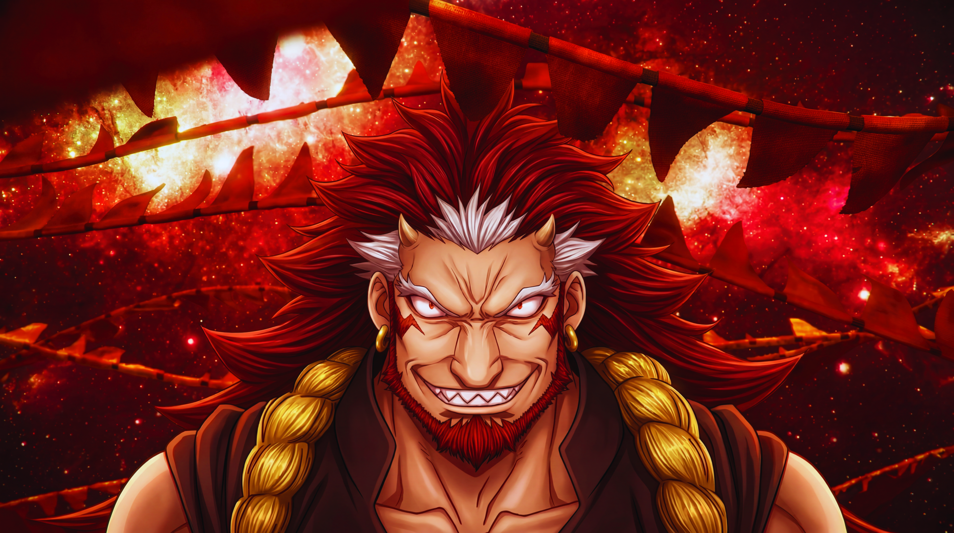 Migi (Daemons of the Shadow Realm) — fierce, red-maned daemon with braided gold cords and glowing eyes against a fiery red background; 5K Ultra HD anime PC desktop wallpaper.