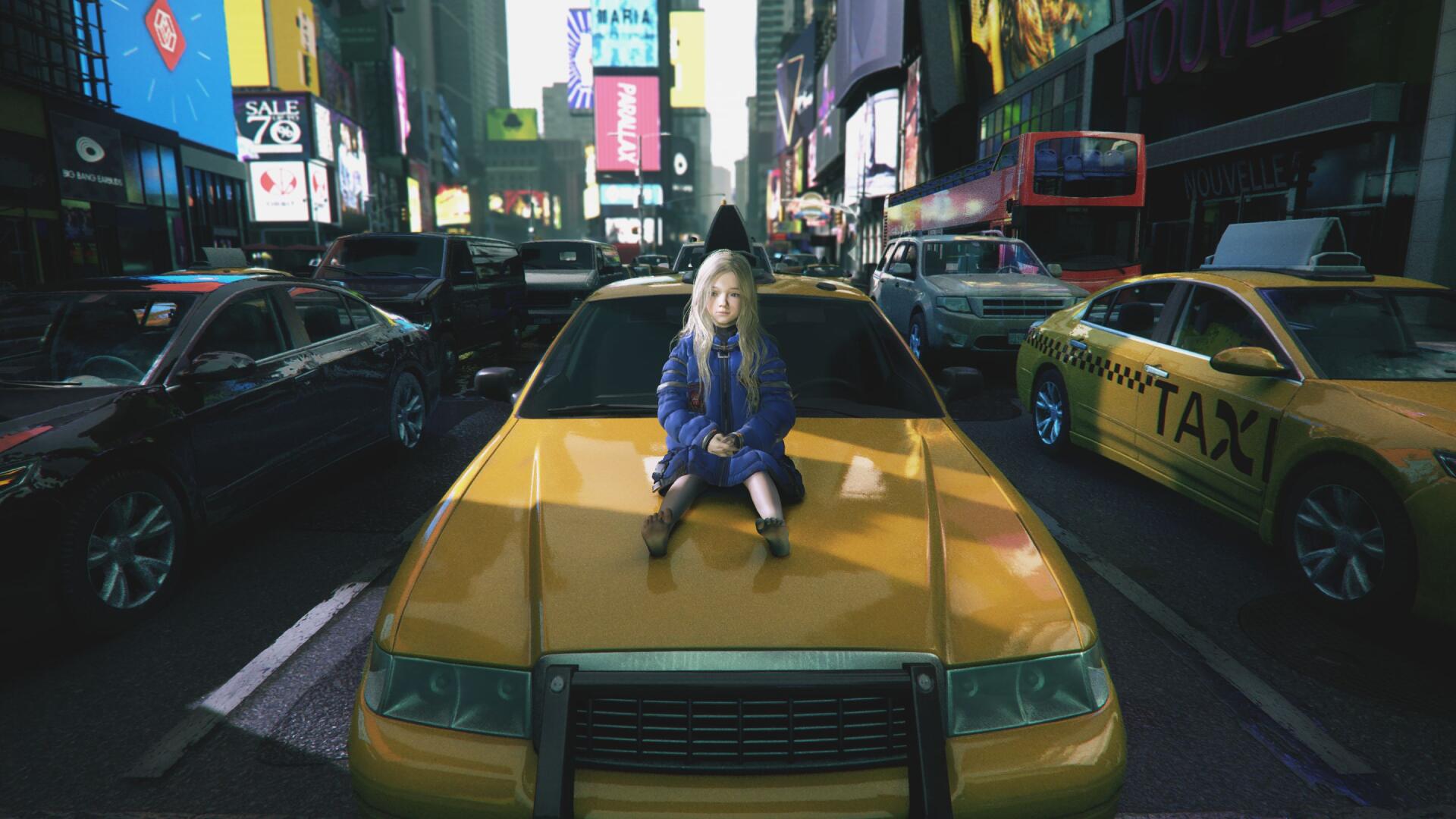 Pragmata video game 2K Quad HD PC wallpaper — a figure in blue sits on a yellow taxi hood in a neon-lit city street surrounded by traffic.