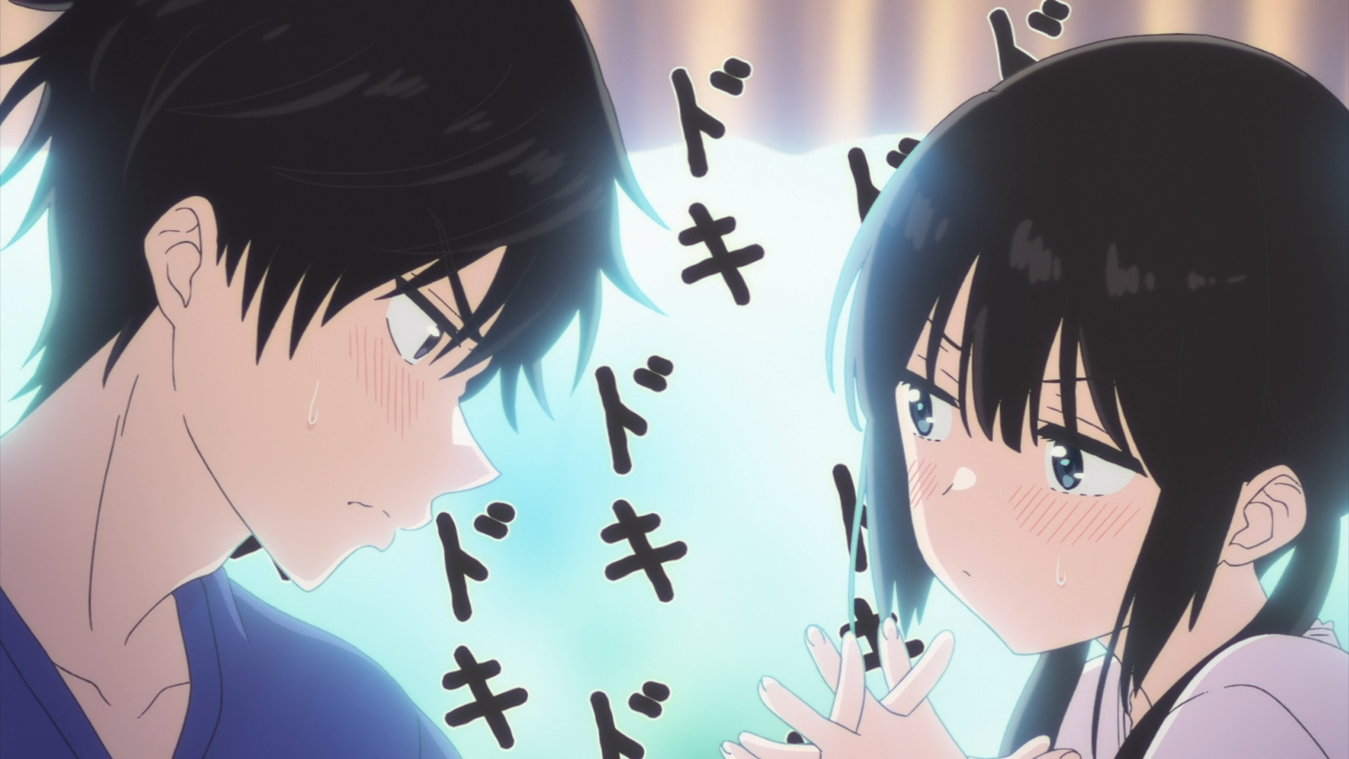 Anime HD PC desktop wallpaper from I Want to End this Love Game, featuring Miku Sakura and Yukiya Asagi blushing and reaching toward each other with glowing doki doki effects.
