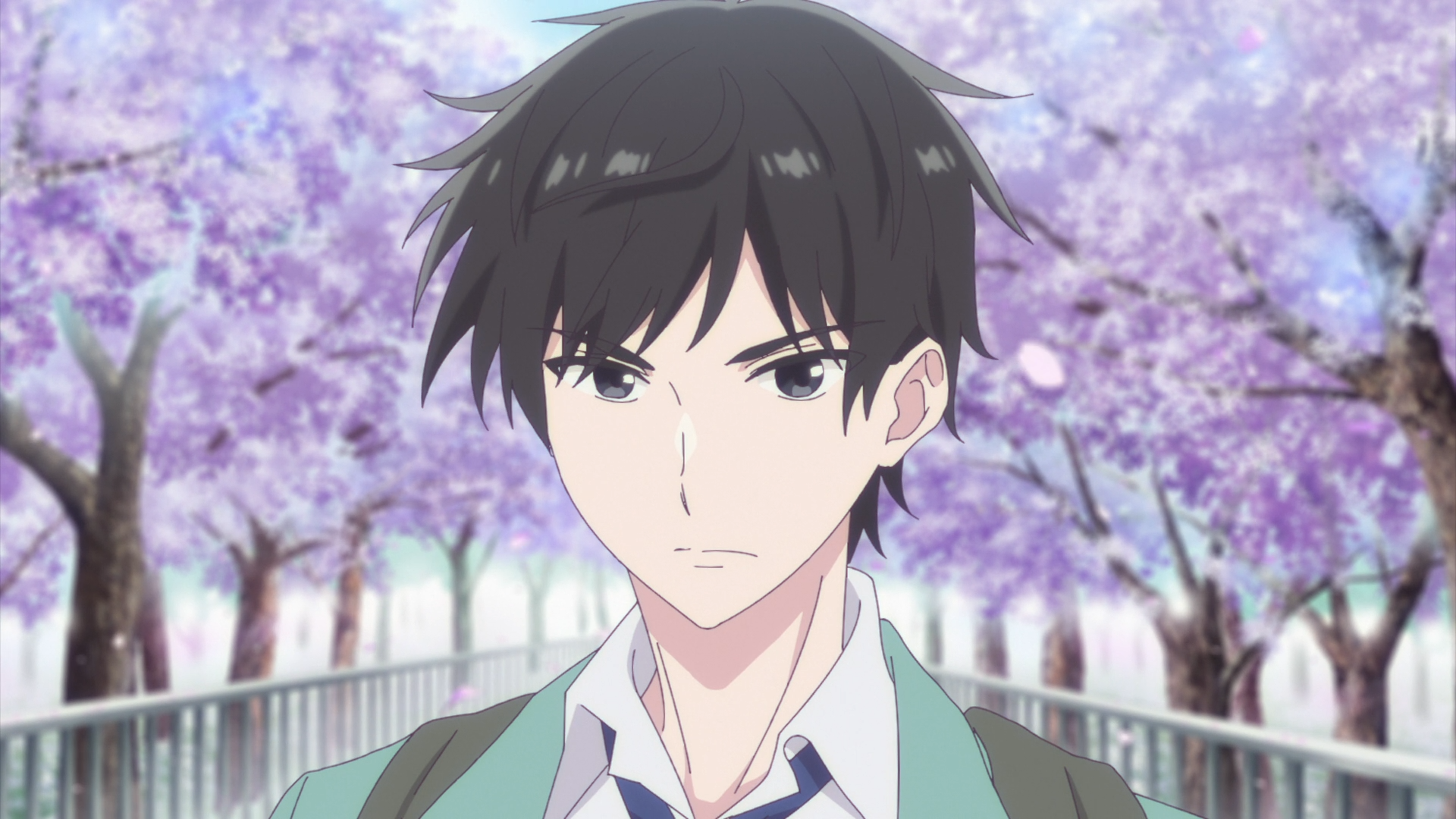 HD PC desktop wallpaper of Yukiya Asagi from the anime I Want to End this Love Game — a serious schoolboy in uniform standing on a bridge under blooming cherry blossoms.