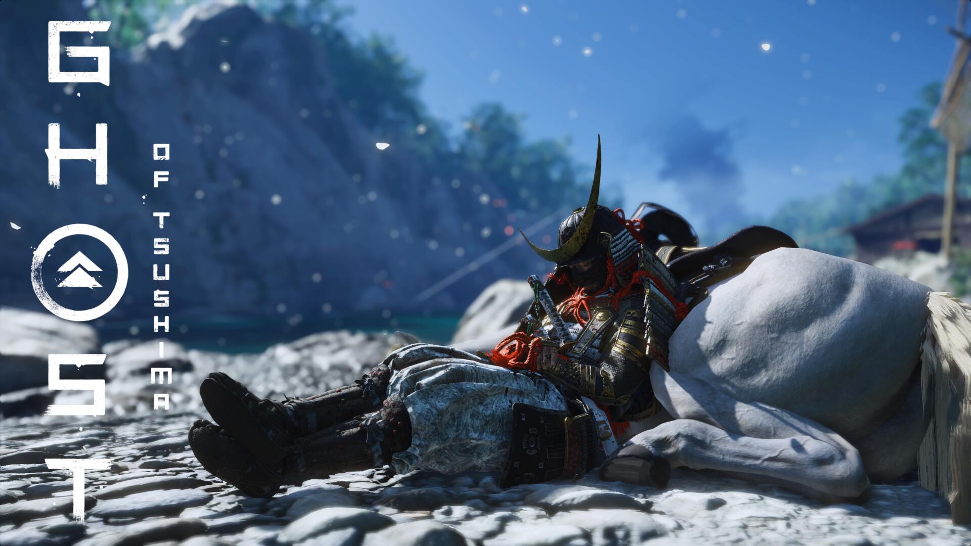 4K Ultra HD PC desktop wallpaper of the video game Ghost of Tsushima: a reclining samurai in armor rests on snow-covered rocks with mountains and drifting snow.