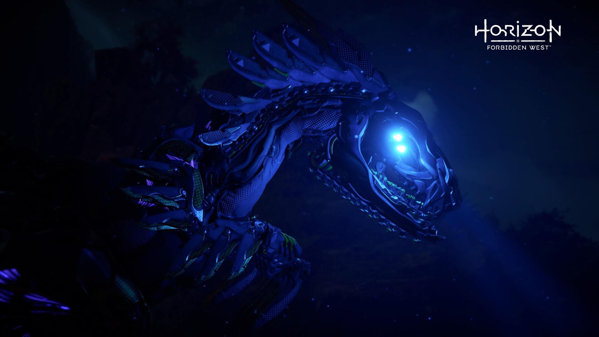 Dark underwater machine-serpent with a glowing blue eye from the video game Horizon Forbidden West — 4K Ultra HD PC desktop wallpaper/background.