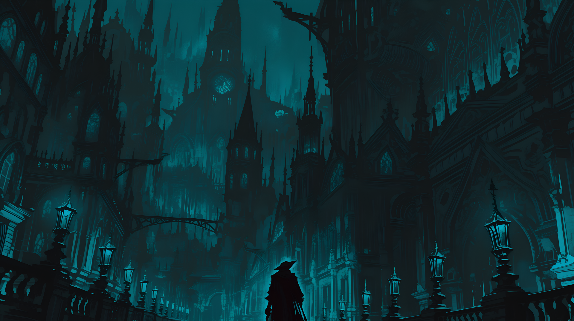 4K Ultra HD PC wallpaper: a lone cloaked hunter in a blue anime-style Bloodborne video game city of towering Gothic spires, lamplit streets and shadowed bridges.