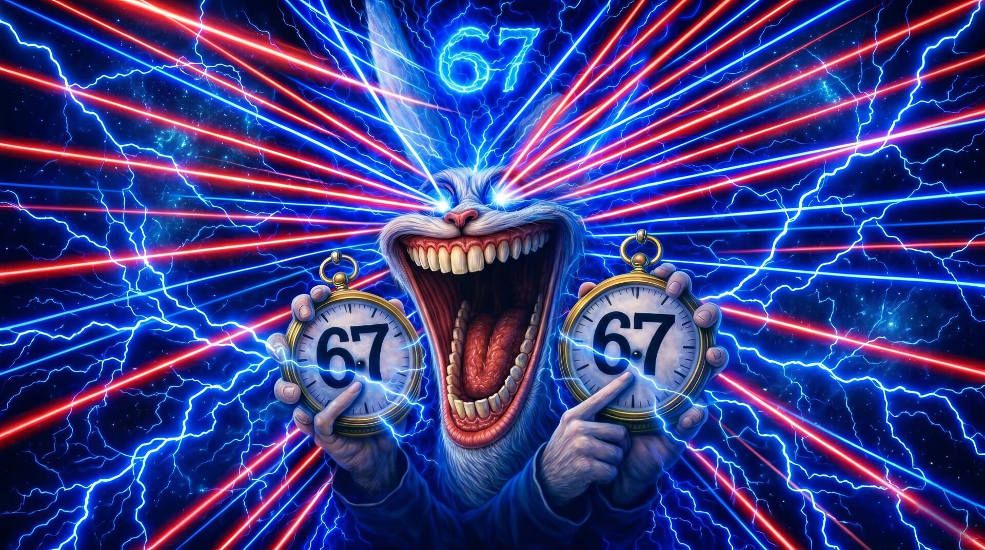 Meme-style Italian Brainrot 2K Quad HD PC desktop wallpaper/background: manic grinning creature holds two stopwatches marked 67, firing red laser beams amid blue electric arcs.