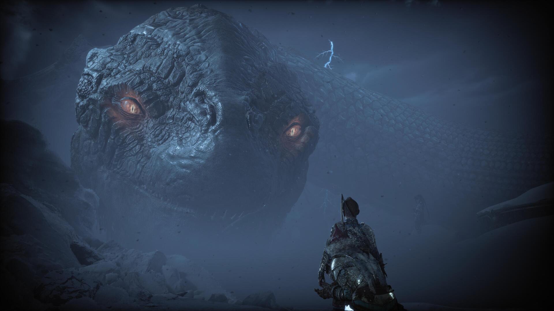 4K Ultra HD PC desktop wallpaper from the video game God of War: Ragnarök — a lone warrior confronts a colossal stone-faced behemoth with glowing eyes in fog and moonlight.