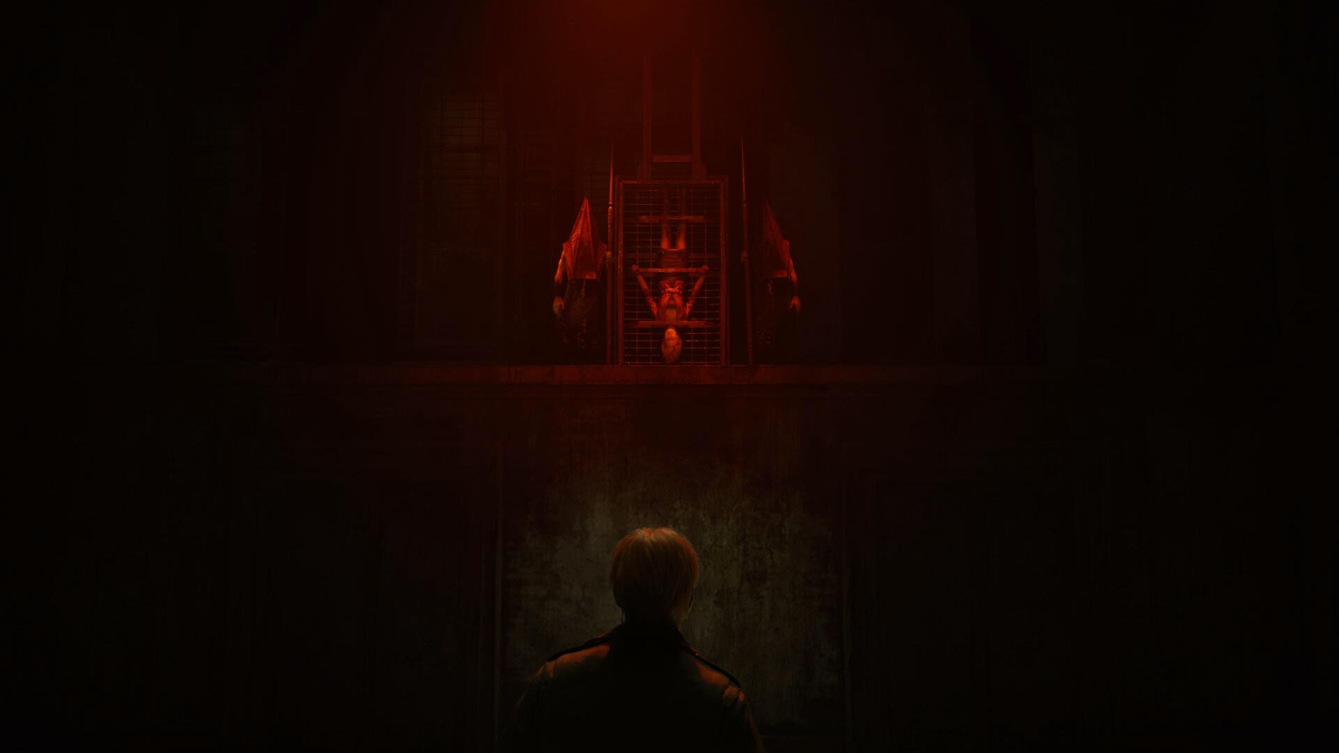 Silent Hill 2 video game 4K Ultra HD PC wallpaper: lone figure in darkness stares at a blood-red altar and shadowed throne, thick, unsettling horror atmosphere.