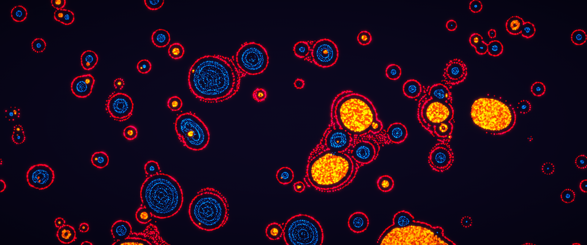 Video game–inspired abstract cellular forms in neon blue and orange on a deep black field — 2K Quad HD PC desktop wallpaper and background.