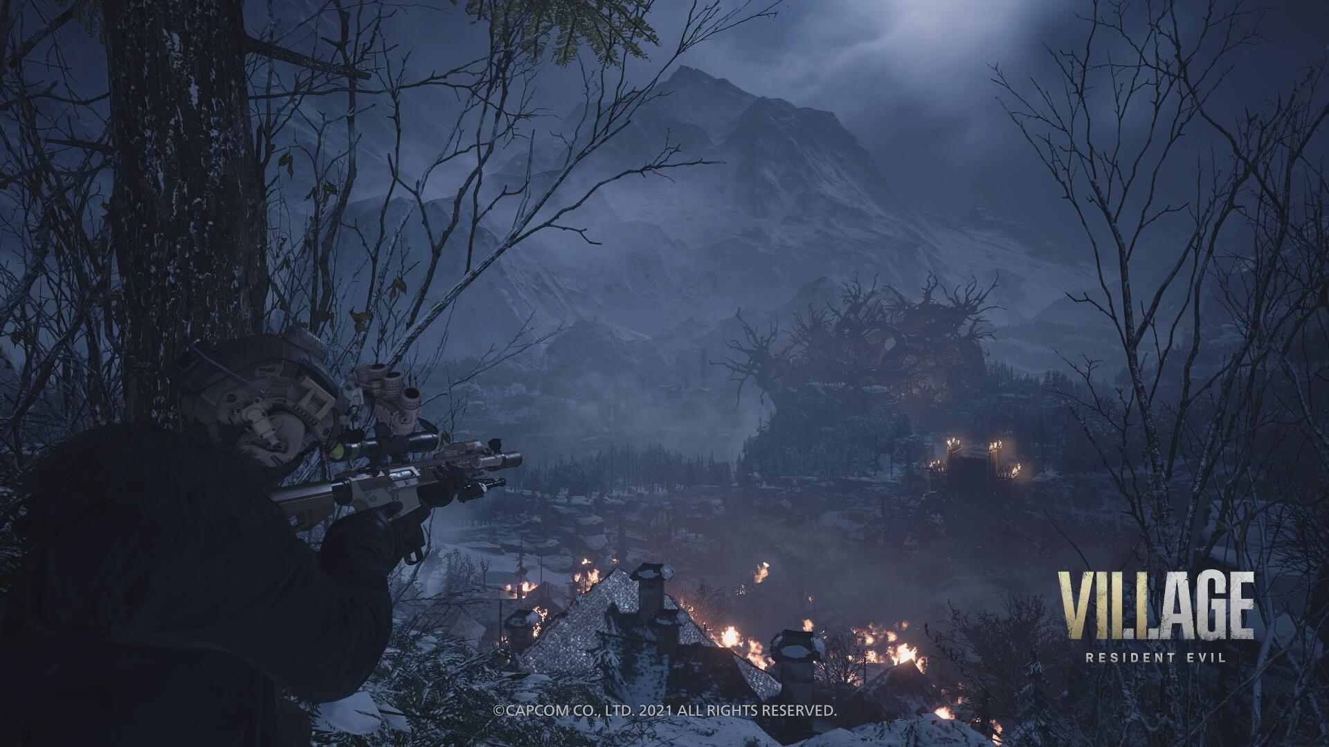4K Ultra HD PC desktop wallpaper from the video game Resident Evil Village: mist-shrouded mountain village at night, glowing fires below and an armed silhouette in the foreground.