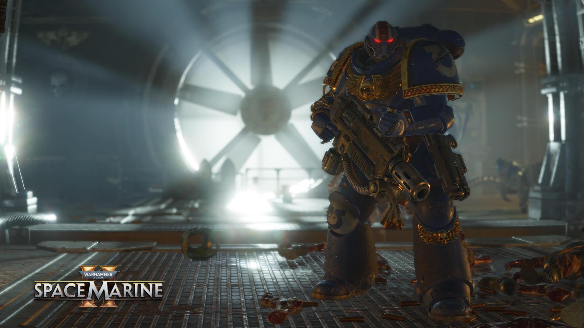 4K Ultra HD PC desktop wallpaper of a Warhammer Space Marine from the video game, clad in heavy power armor and armed, standing in a foggy industrial hangar backlit by a massive circular vent.