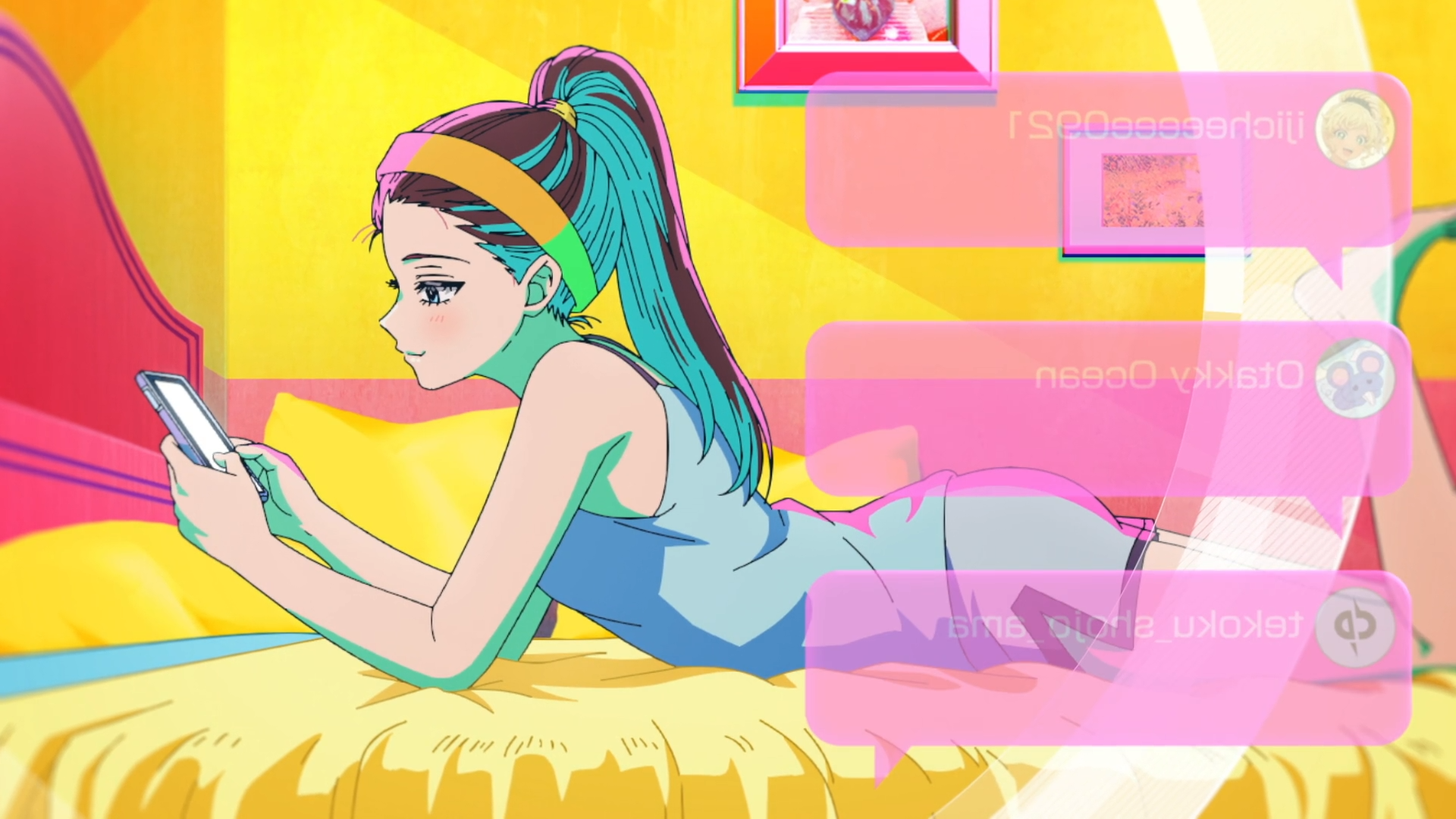 HD PC desktop wallpaper of Kei Amane from Gals Can't Be Kind to Otaku!? — teal‑haired anime girl lying on a bed, scrolling her phone against a vivid pop‑colored background.