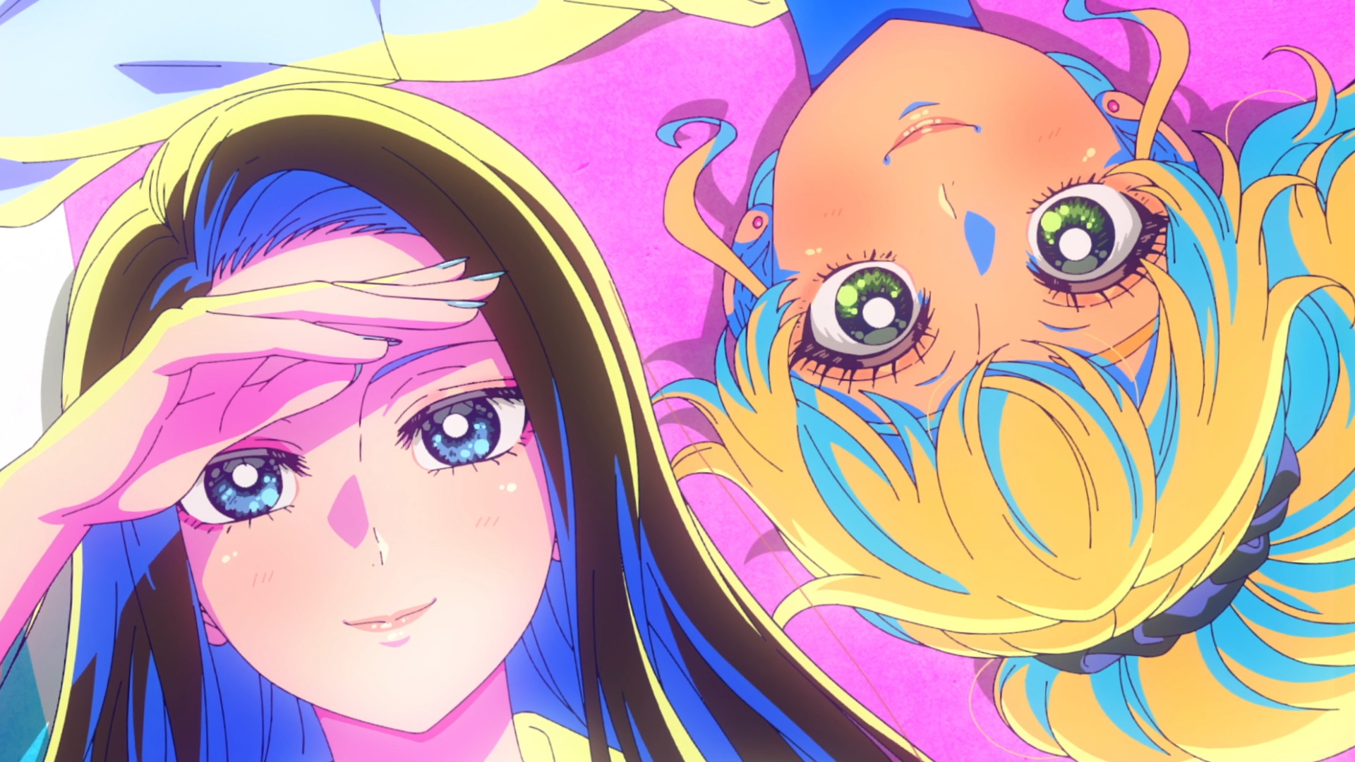HD PC wallpaper from anime Gals Can't Be Kind to Otaku!?, Kotoko Ijichi shields her eyes while Kei Amane lies upside-down, both framed by bright pastel colors and oversized expressive eyes.