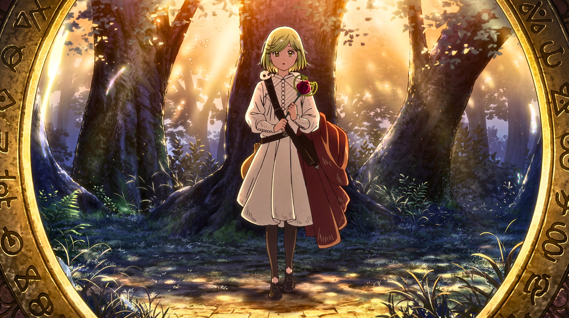 Coco (Witch Hat Atelier) stands in a sunlit forest clearing before a glowing circular portal — fantasy anime girl artwork, 5K Ultra HD PC desktop wallpaper.