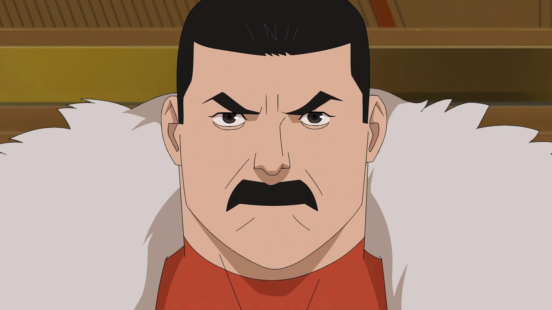 Thragg from TV show Invincible (Image Comics): close-up of a stern, mustached warlord in a red uniform with fur-lined cape. 2K Quad HD PC desktop wallpaper/background.