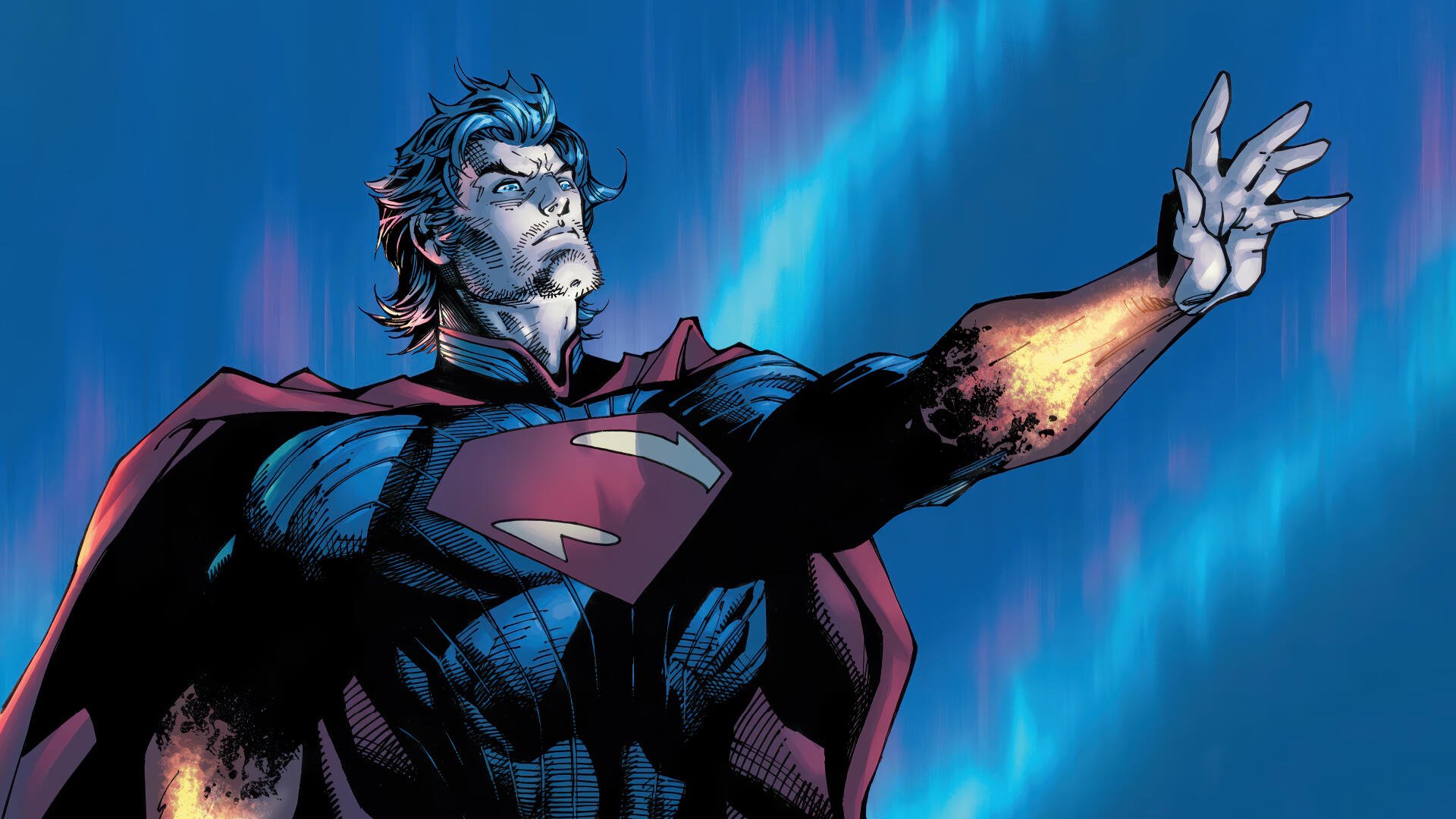 Comic-style Absolute Superman in blue suit, cape flowing, arm outstretched as energy glows around him against a glowing blue 4K Ultra HD PC desktop wallpaper background.