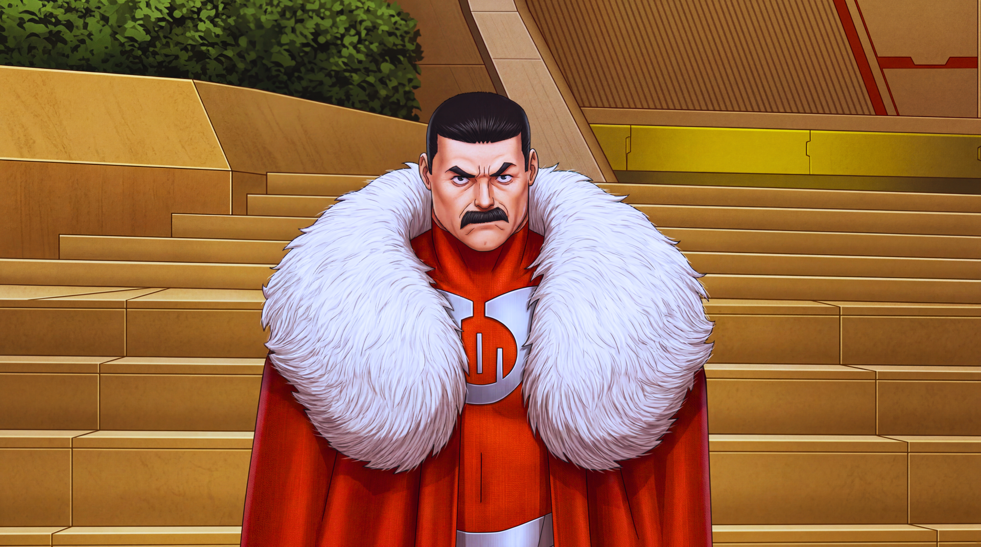 Thragg (Invincible TV Show, Image Comics): stern mustachioed alien warlord in an orange suit and white-fur red cape posed on steps — 5K Ultra HD PC desktop wallpaper
