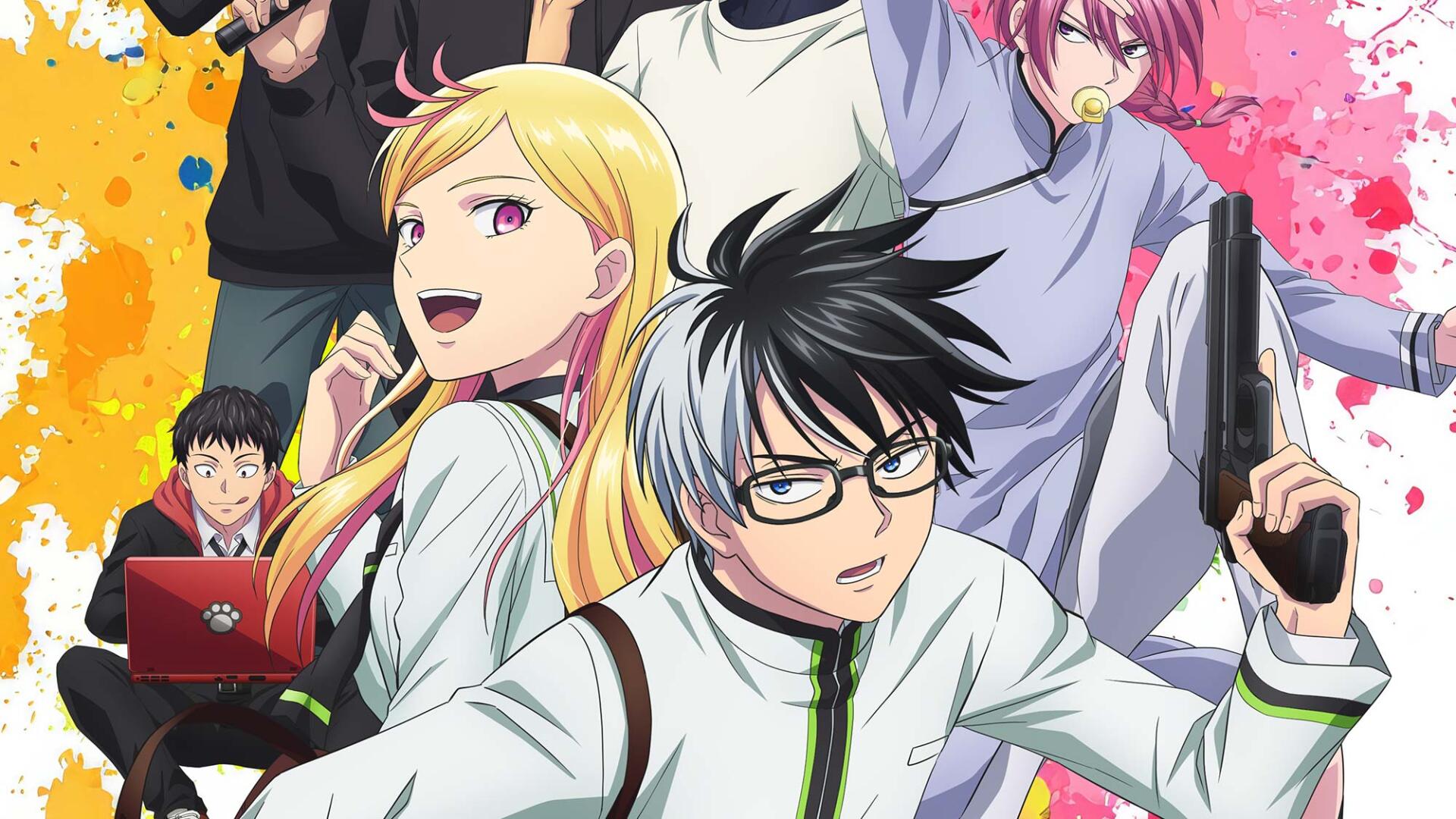 HD PC desktop wallpaper of KILL BLUE anime featuring Juuzou Ougami and Noren Mitsuoka with supporting cast in dynamic poses against a colorful splatter background.