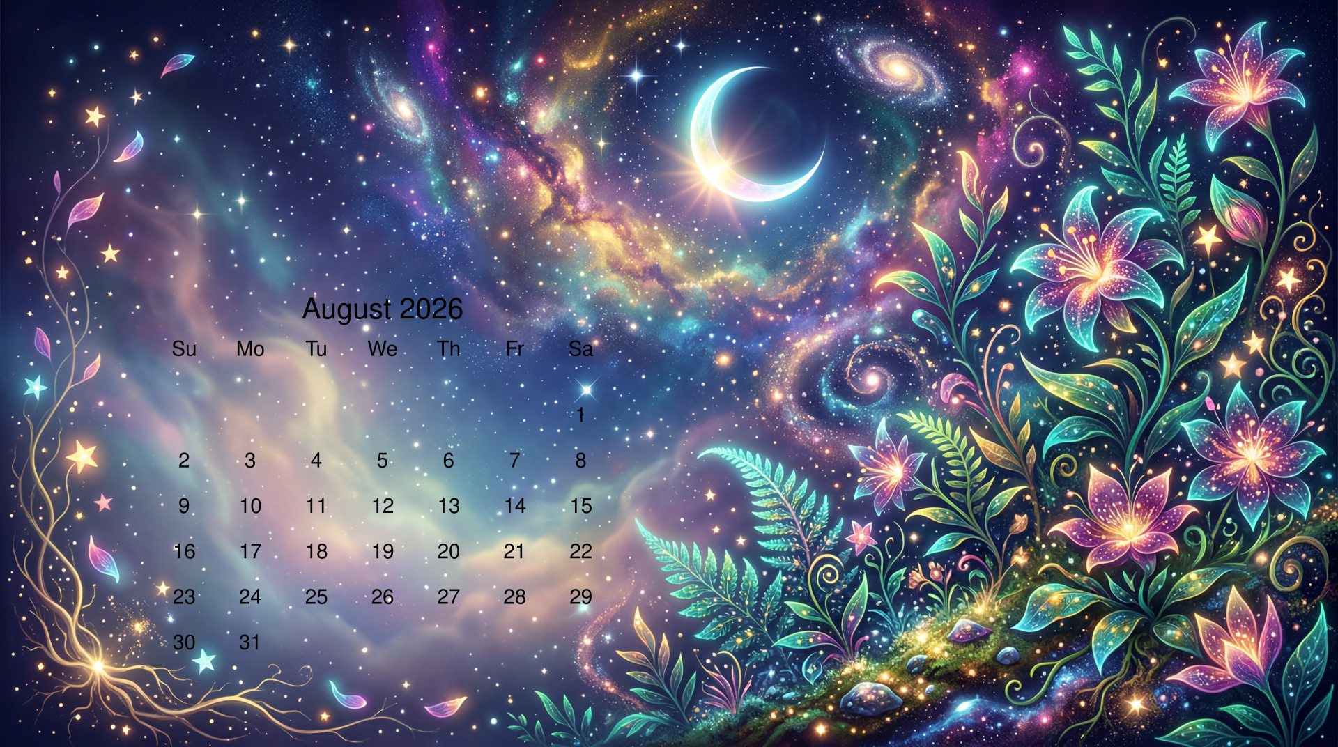August 2026 calendar on a 5K Ultra HD PC desktop wallpaper and background: colorful cosmic night sky with crescent moon, swirling nebulae and glowing floral vines.