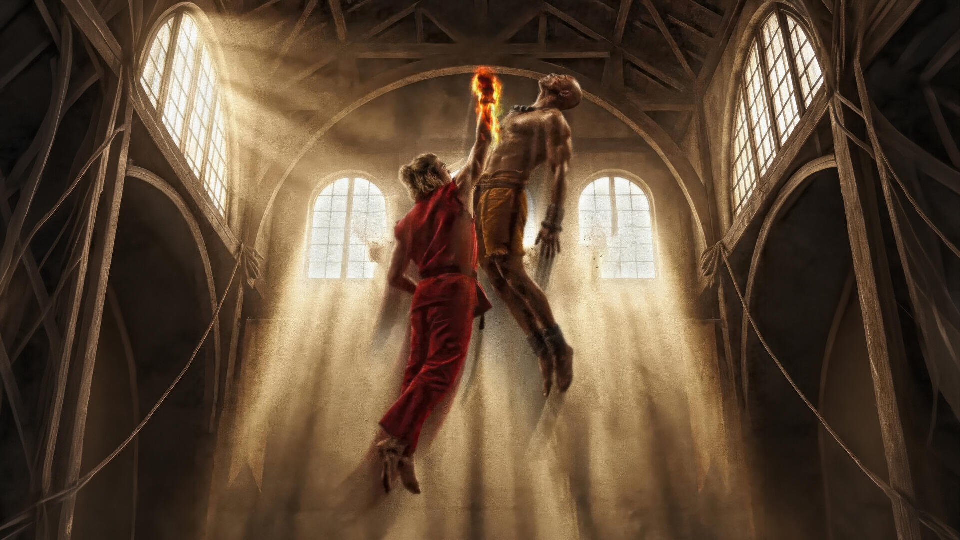 Street Fighter (2026) 5K Ultra HD PC desktop wallpaper and background: two combatants midair in a sunlit cathedral hall, a flaming punch connecting amid dramatic light rays.
