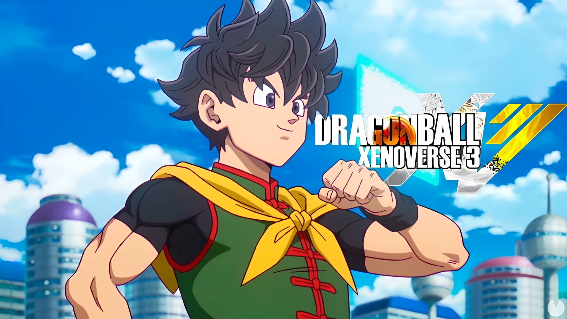 Video game Dragon Ball Xenoverse 3 2K Quad HD PC desktop wallpaper and background: youthful Saiyan in green outfit and yellow scarf strikes a pose before a futuristic city and blue sky.