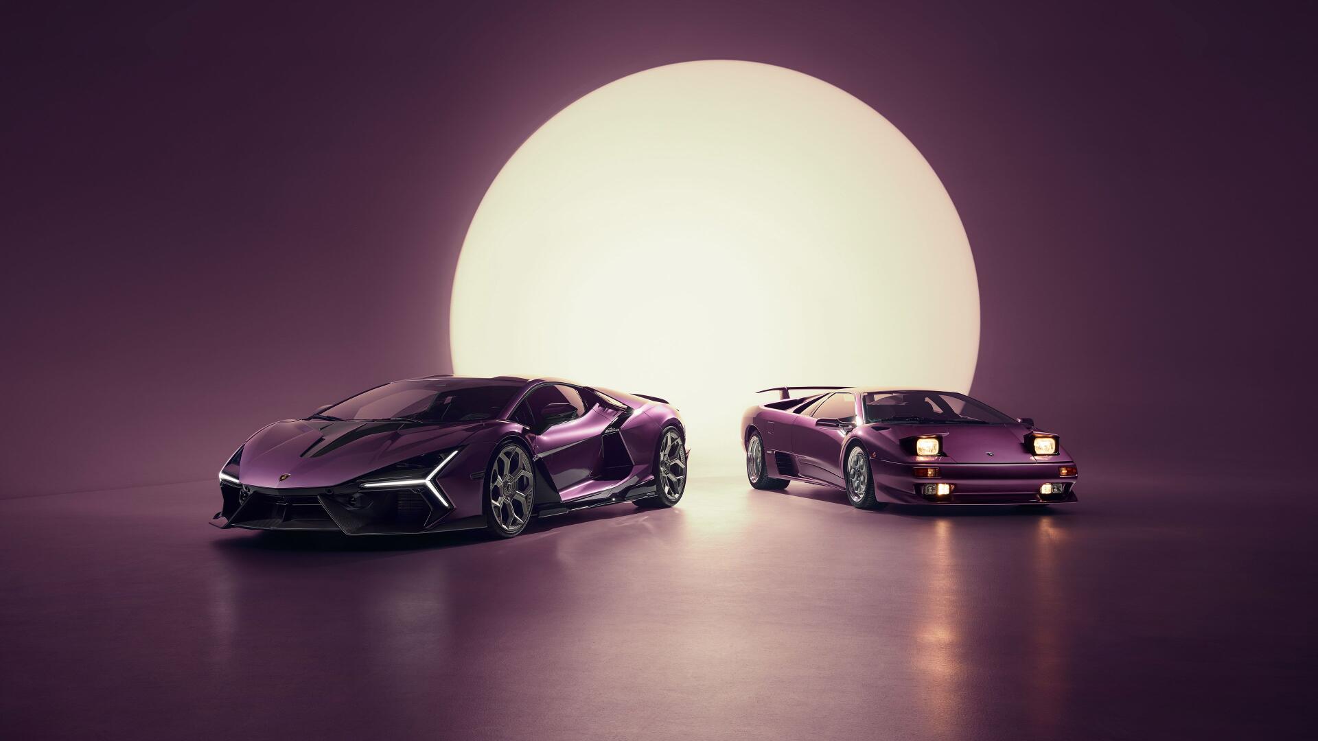 Purple Lamborghini Revuelto and classic Diablo side by side before a glowing moon, 4K Ultra HD PC desktop wallpaper background.