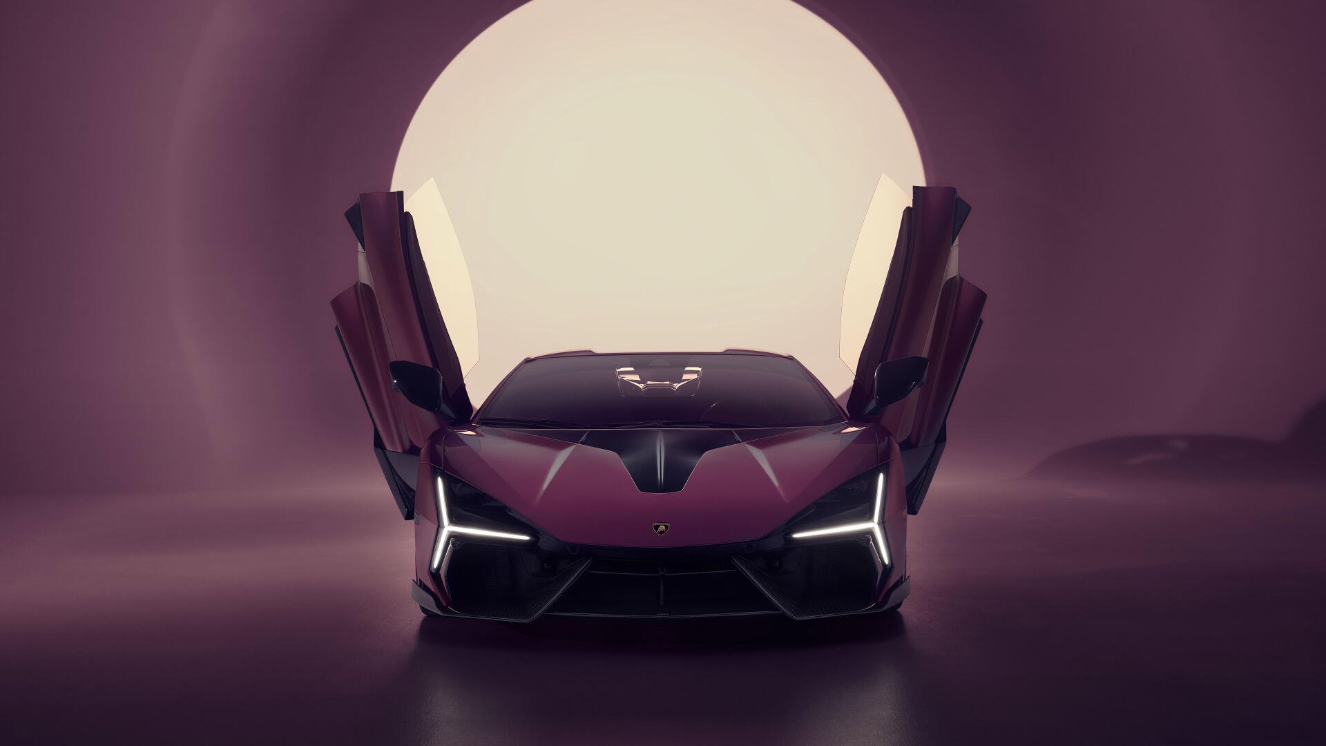 Purple Lamborghini Revuelto with scissor doors open, dramatic studio lighting and circular backdrop — 4K Ultra HD PC desktop wallpaper and background.