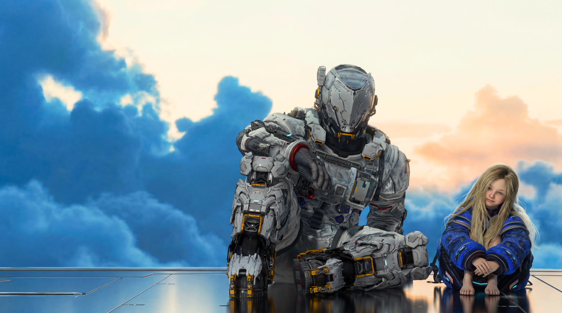 Pragmata 5K Ultra HD PC wallpaper: Capcom's Space Dad in armored suit sits on a platform beside Diana (Pragmata) against a dramatic sky.