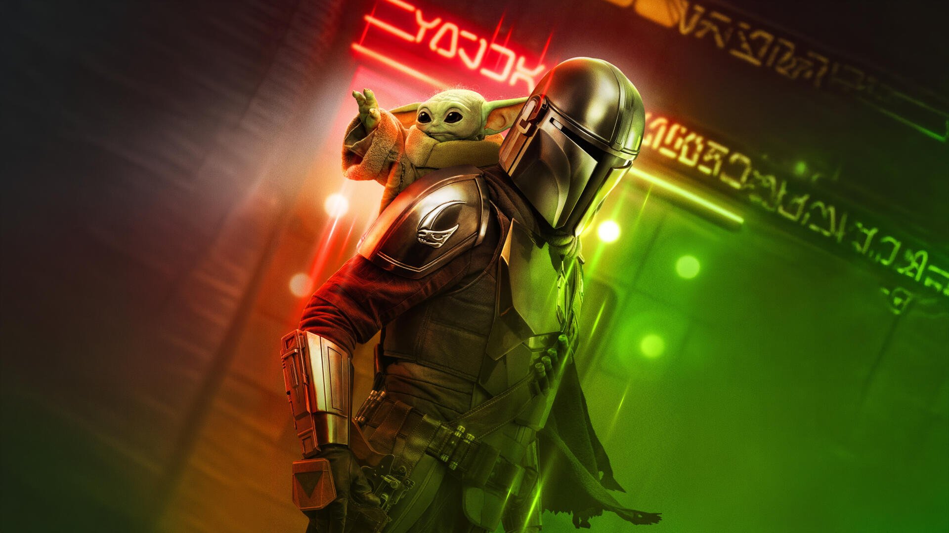 8K Ultra HD PC desktop wallpaper of TV show The Mandalorian: the Mandalorian in beskar armor with Grogu (Star Wars) on his shoulder against a neon-lit corridor backdrop.