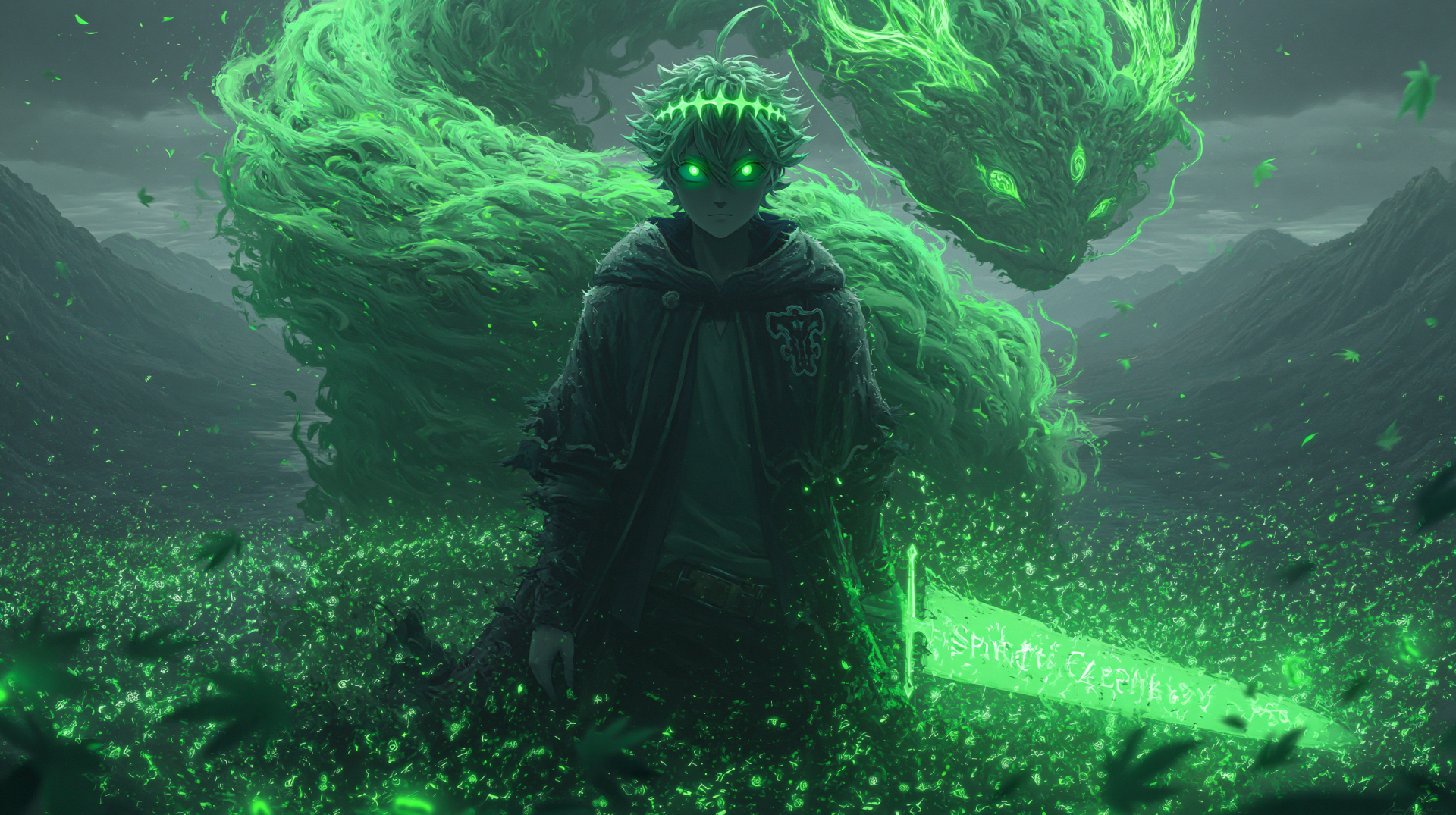 Green-toned Black Clover 2K Quad HD PC desktop wallpaper: Asta in a dark cloak with glowing green eyes and a spectral beast behind him, wielding a luminous green sword.