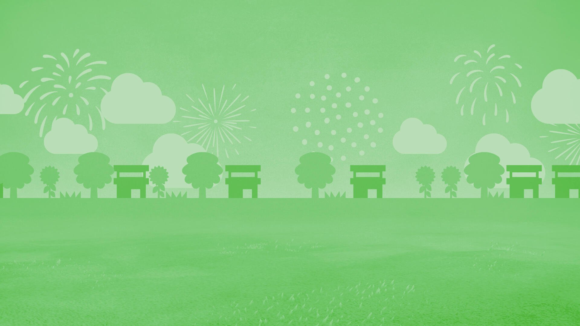 Tomodachi Life, Tomodachi Life: Living the Dream HD PC desktop wallpaper background — minimalist green park with benches, trees, clouds and faint fireworks on the horizon.