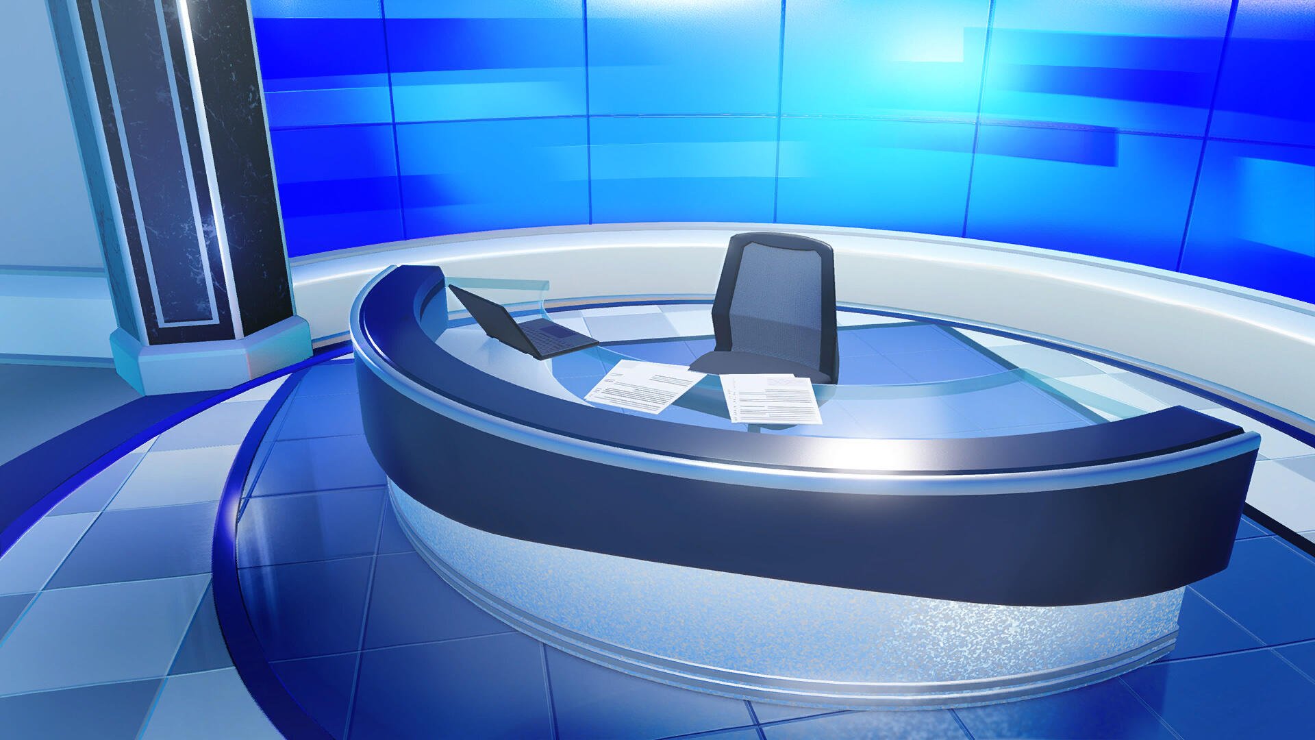 HD PC desktop wallpaper: Tomodachi Life, Tomodachi Life: Living the Dream — blue broadcast studio with curved anchor desk, chair, laptop and papers on glossy tiled backdrop.